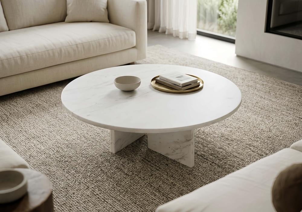 Top-down view of the 100% genuine white marble coffee table styled with books and a tray. The semi-polished surface highlights the exclusive natural stone patterns and easy-to-clean finish.