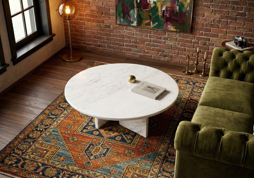 Luxurious 70cm round marble coffee table contrasting beautifully in a vintage eclectic space with a green velvet sofa. Guaranteed safe delivery with our premium damage-proof packaging.