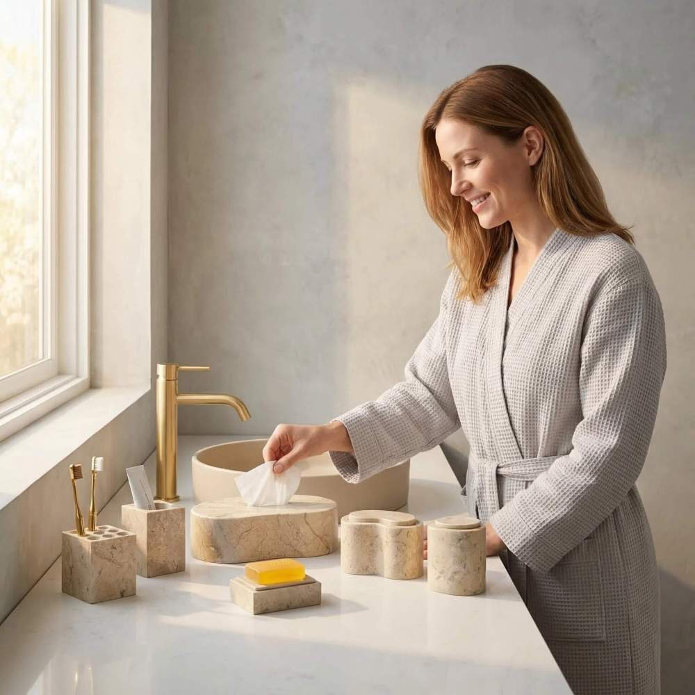 Woman using the elegant Hyatt Gold marble bathroom accessories set to pull a tissue in a brightly lit, modern luxury bathroom setting.