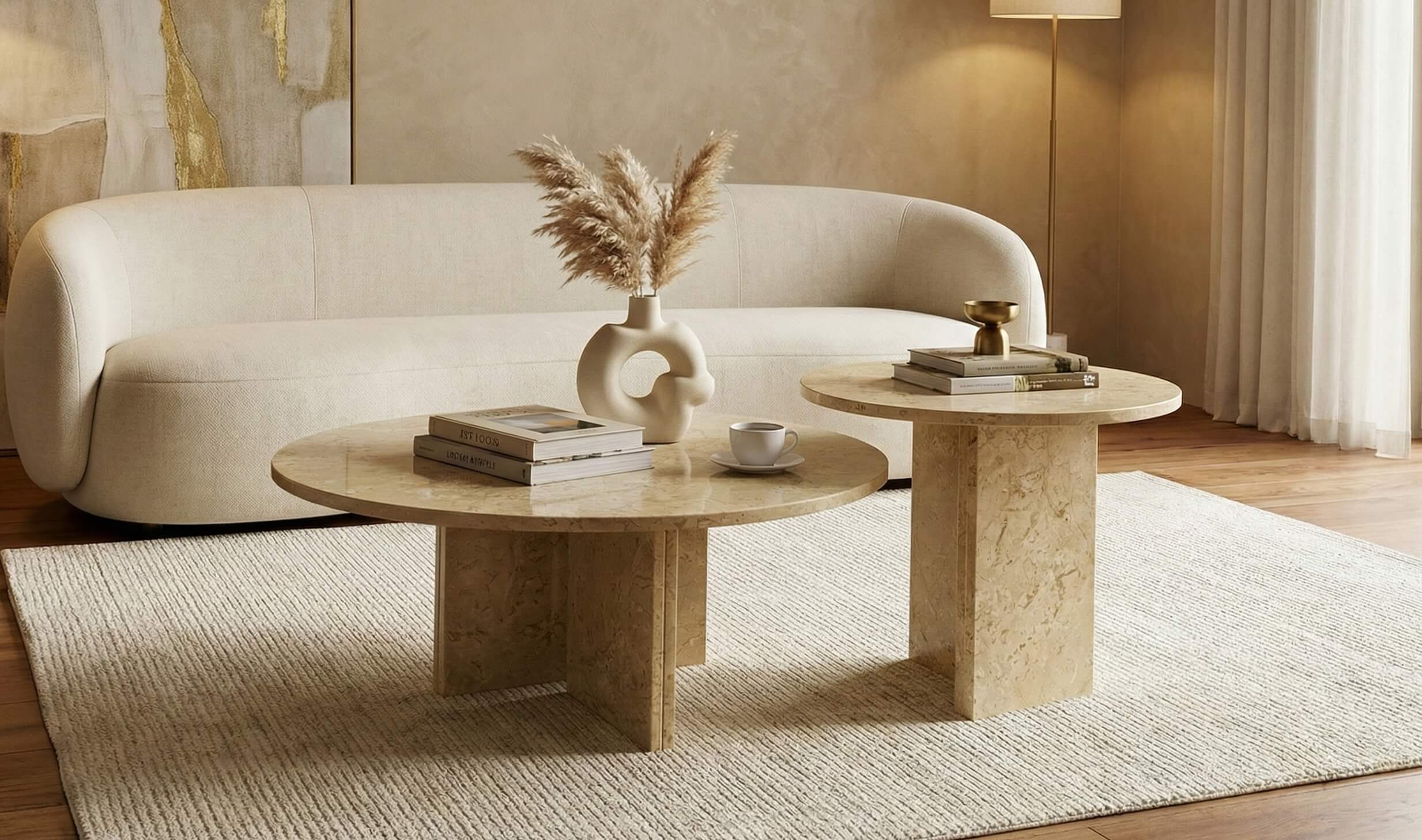 Front view of the 2-piece natural marble nesting coffee table set styled with pampas grass and books. Crafted from 100% natural stone, offering an elegant and entirely unique texture for curated living spaces.