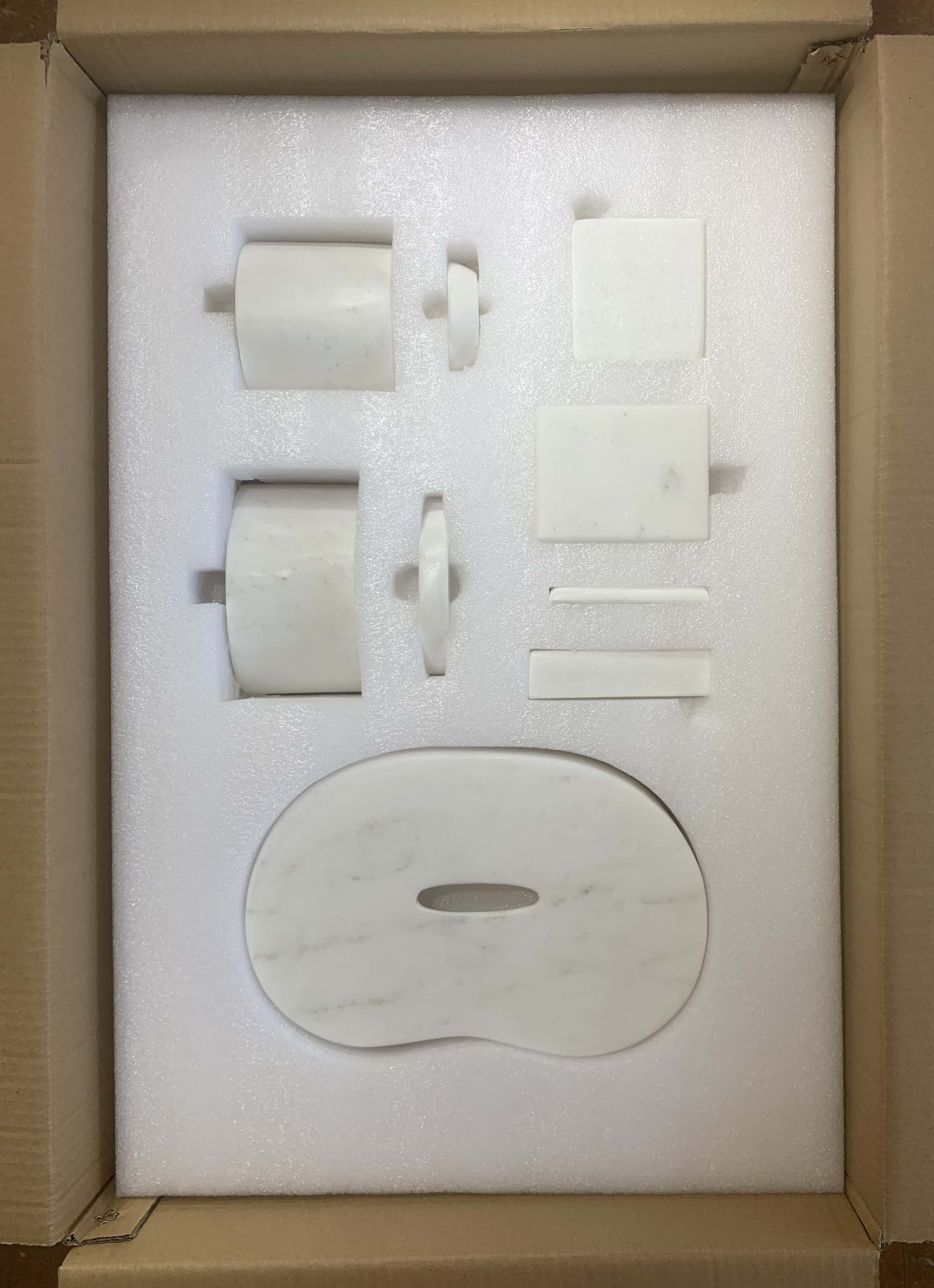 Secure custom foam inner packaging for the 6-piece natural marble bathroom set, ensuring 100% safe transit and damage-proof delivery.
