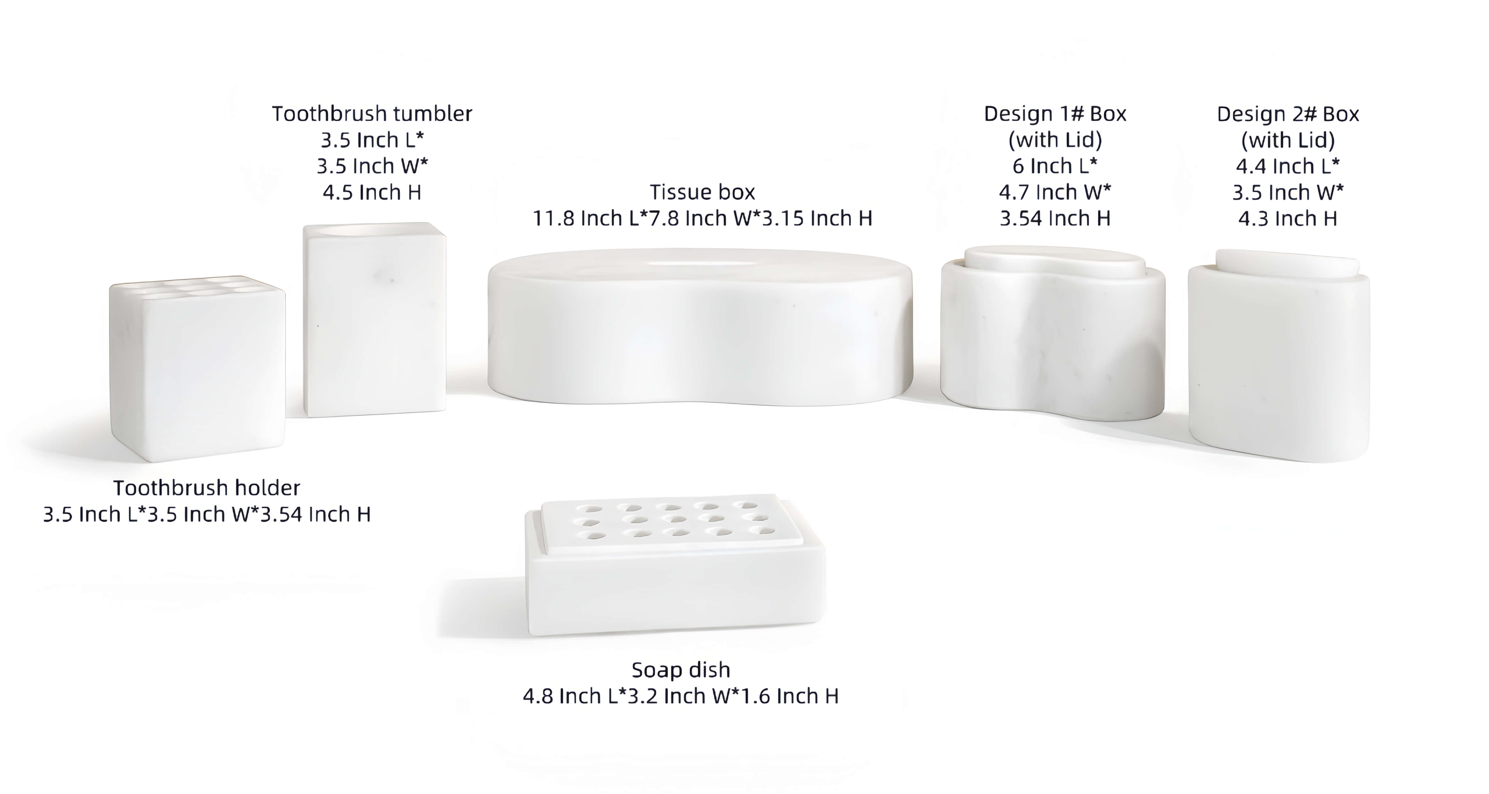 Exact dimensions guide for the 6-piece Snow Mountain White marble bathroom set, detailing sizes for the tissue box, rectangular soap dish, and decorative boxes.