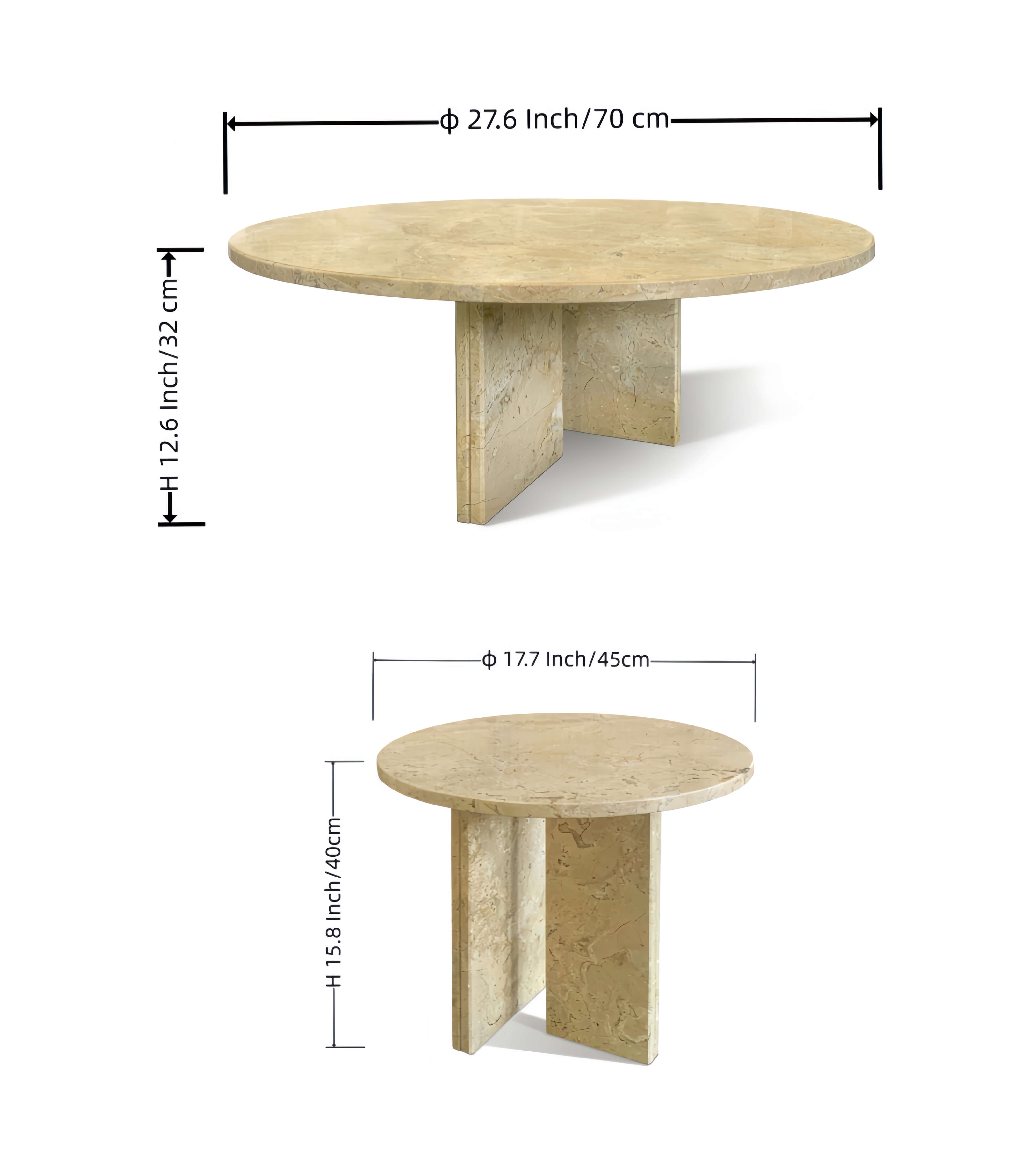 Dimensions guide for the Hyatt marble nesting coffee table set: the large centerpiece table is 27.6 inches wide (70cm), and the small accent table is 17.7 inches wide (45cm), designed for easy assembly.