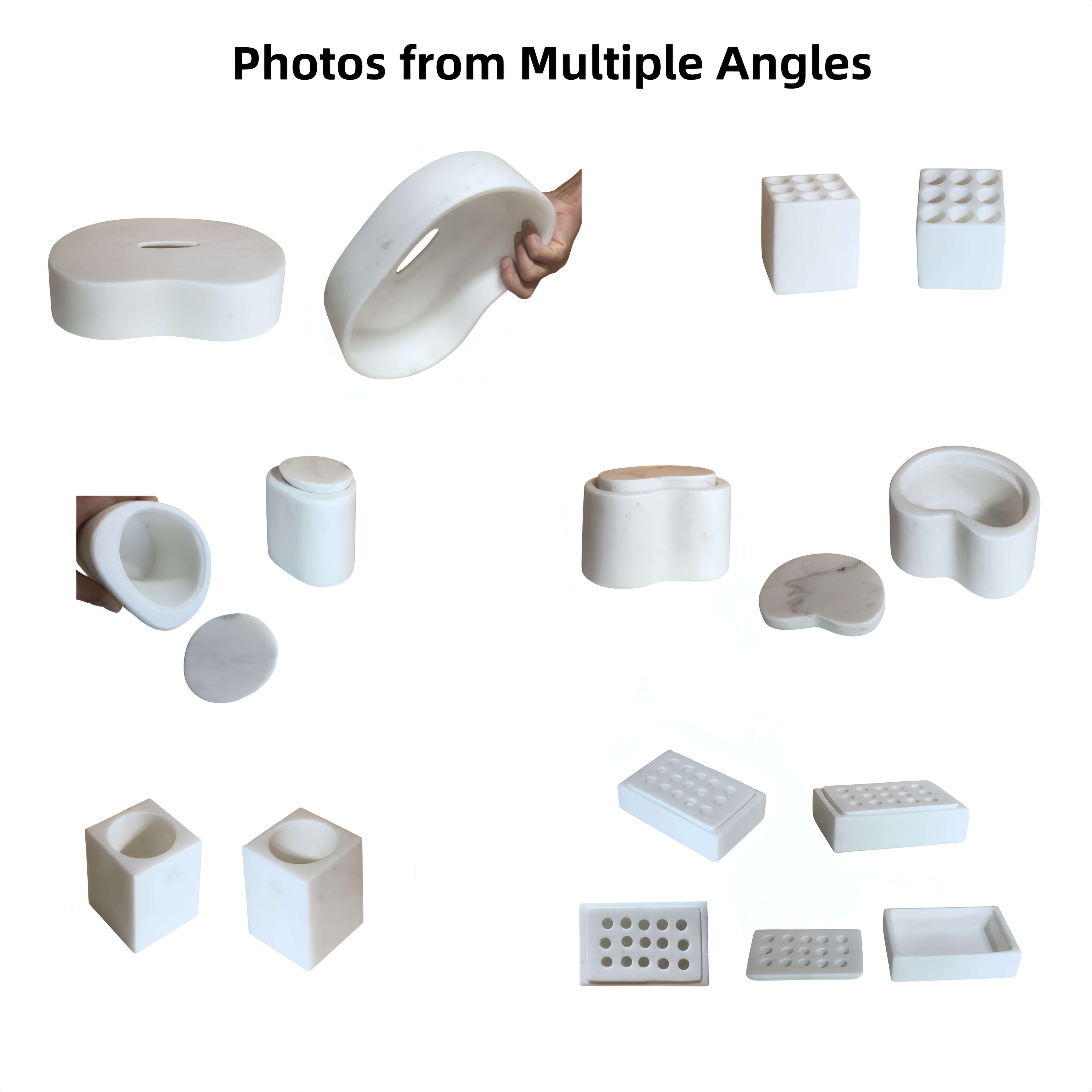 Multiple angle views of the 6-piece Snow Mountain White natural marble bathroom accessories, showing the hand-held scale, semi-polished exterior, and matte inner details.