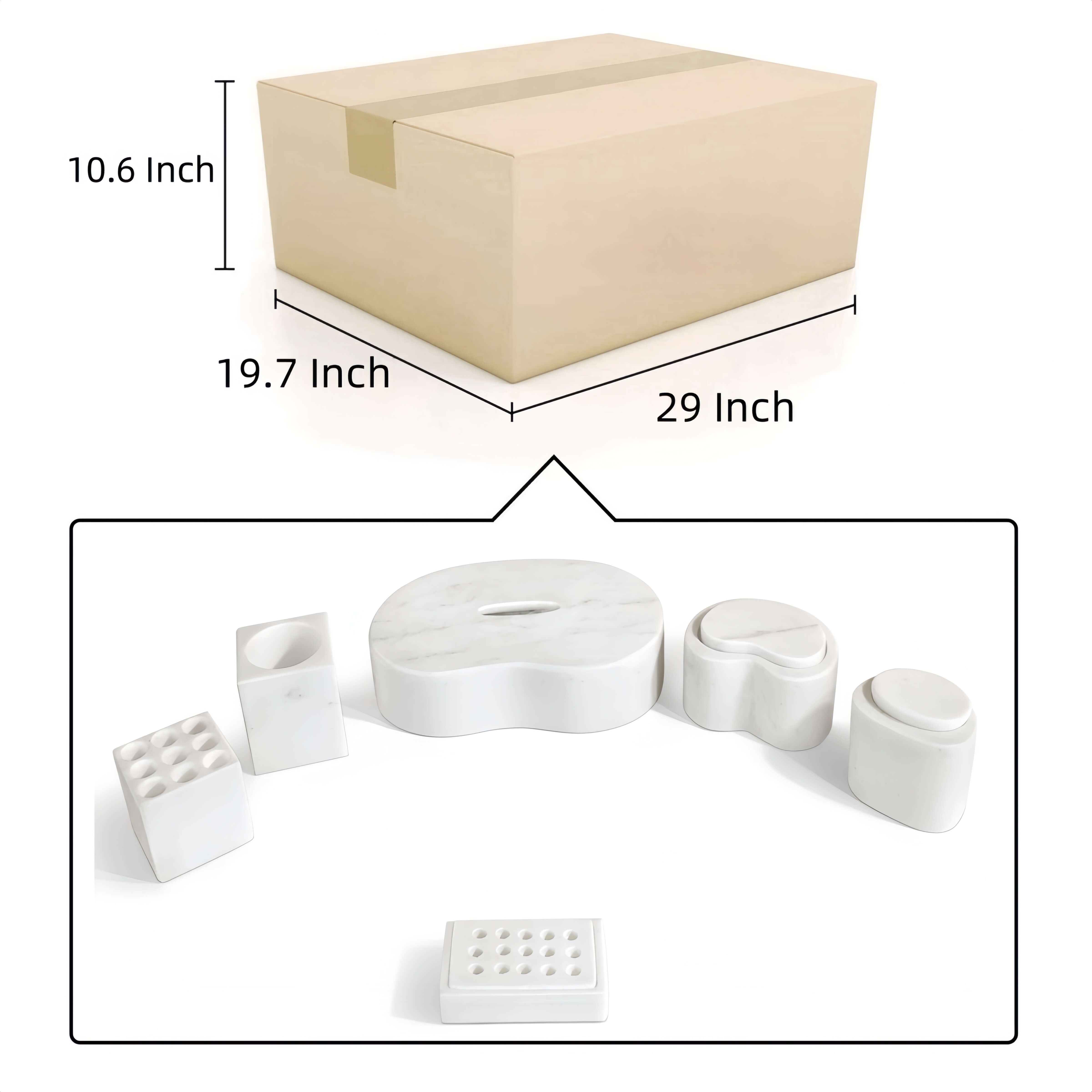 Outer shipping box and dimensions for the Snow Mountain White marble bathroom set, ready to ship from our US warehouse.