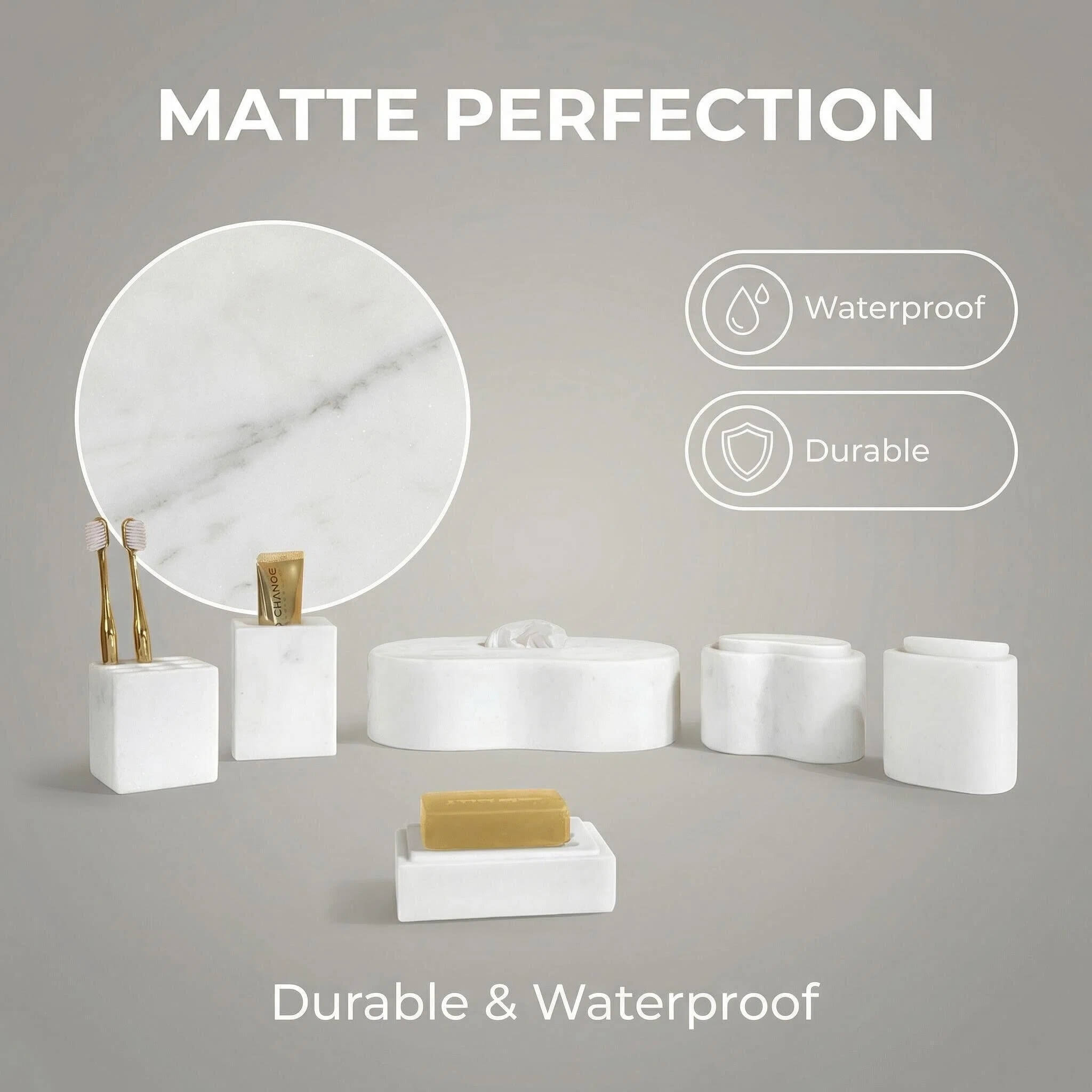 Detail graphic showing the waterproof, durable, and matte perfection finish of the exclusive Snow Mountain White natural marble bathroom accessories set.