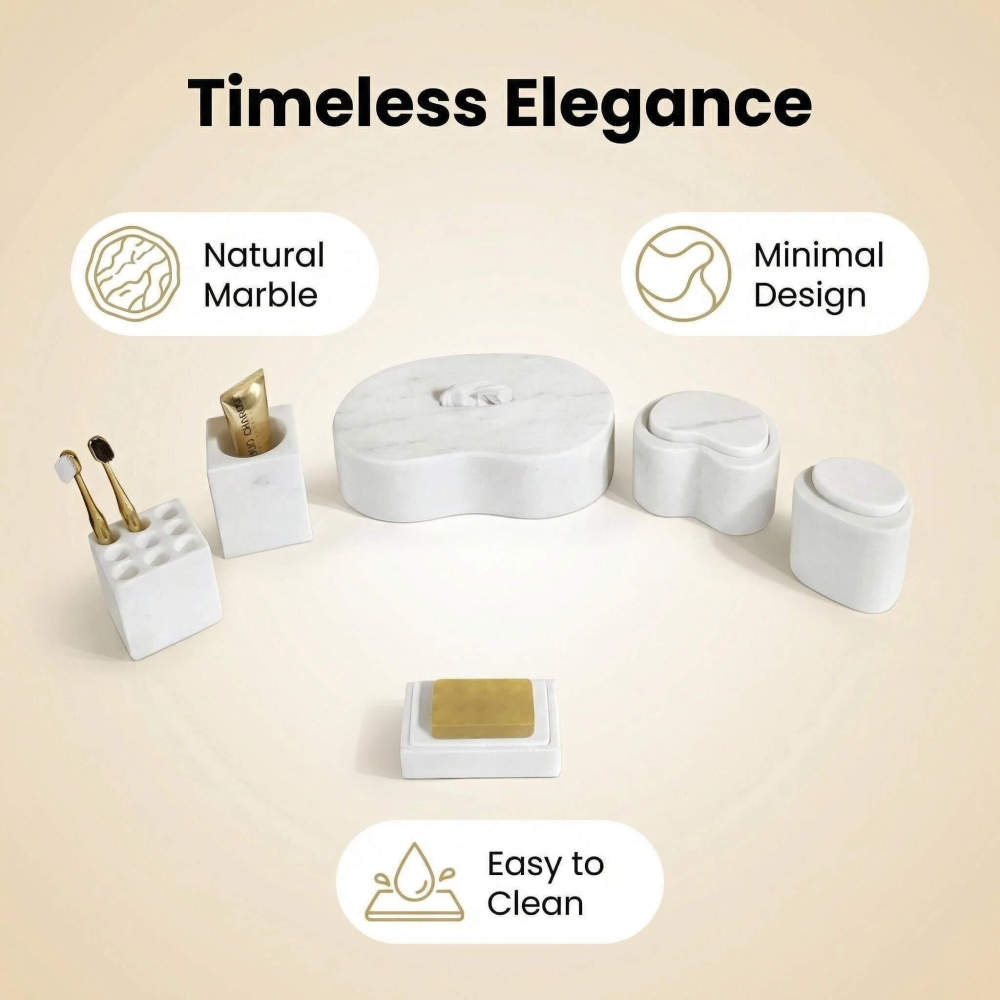 Infographic highlighting the timeless elegance, 100% natural marble material, minimal design, and easy-to-clean features of the bathroom vanity set.