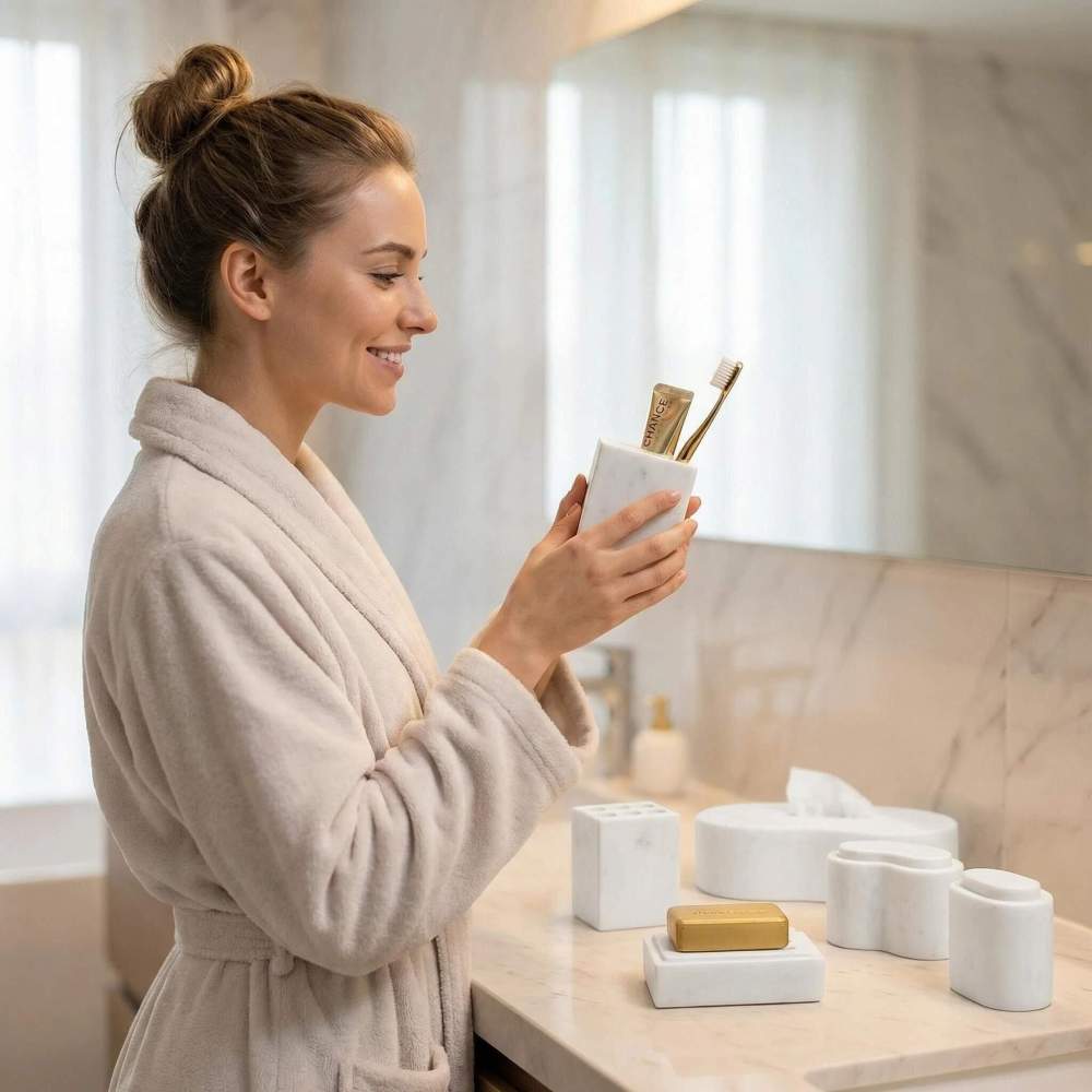 Side profile of a woman admiring the premium natural Snow Mountain White marble toothbrush holder, highlighting its everyday utility as a luxury bathroom organizer.