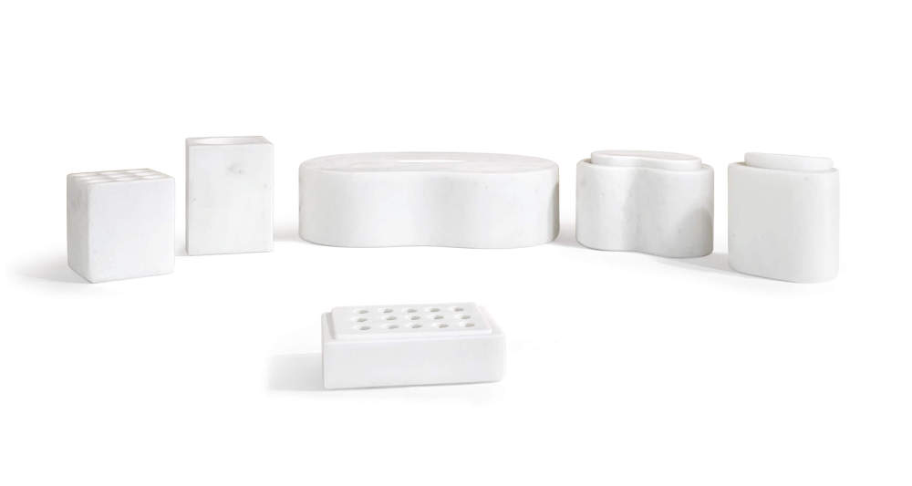 Front view of the 6-piece Snow Mountain White natural marble bathroom accessories set, featuring a rectangular soap dish, tissue box, and tumblers.
