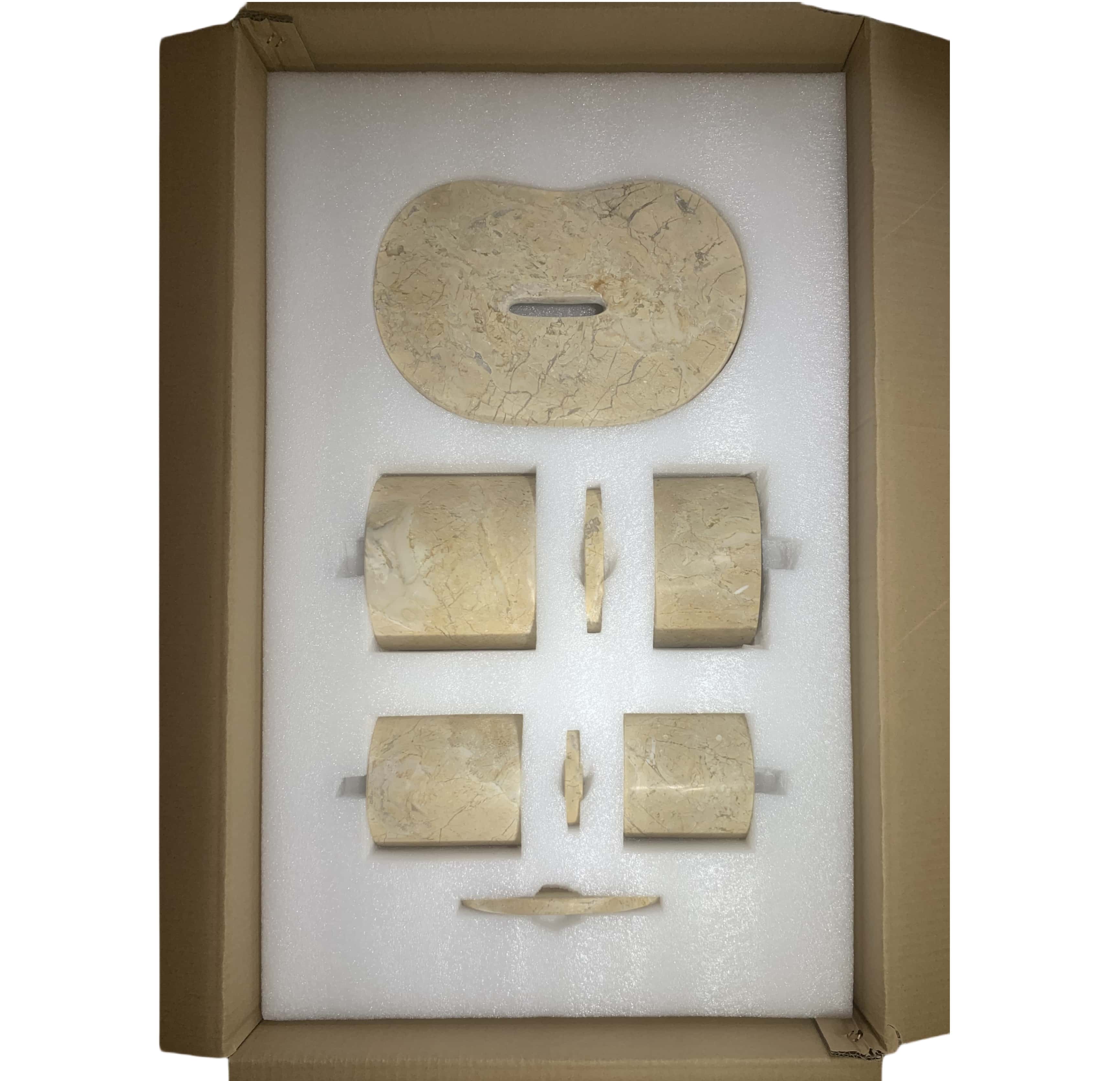 Safe anti-damage protective foam packaging interior, demonstrating the custom-fit slots that securely protect each heavy natural marble bathroom accessory piece during transit.