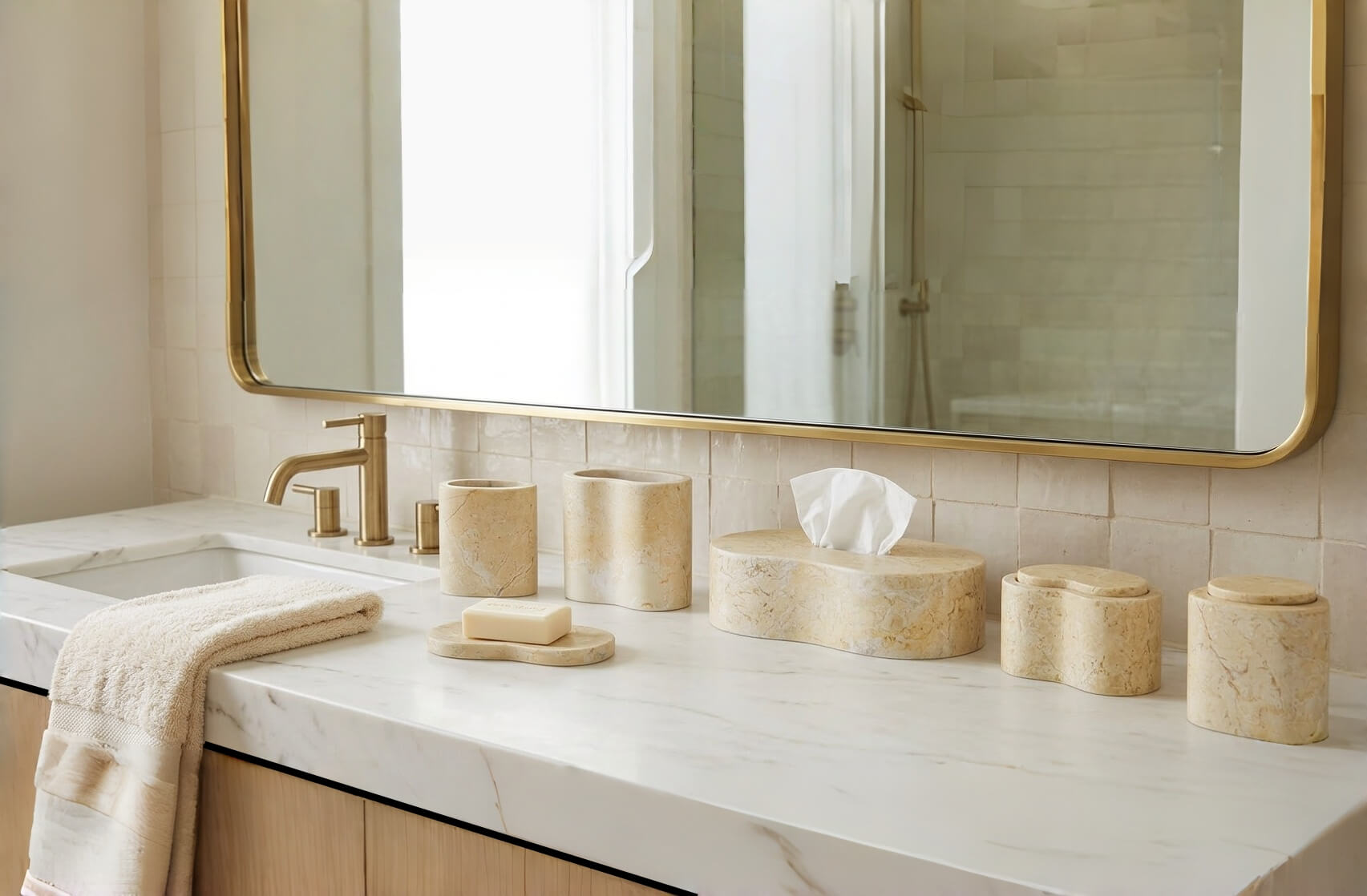 Classic and airy bathroom setting showcasing the Hyatt Gold exclusive marble collection, emphasizing the premium quality of the 100% genuine stone and its elegant, ready-to-display design.
