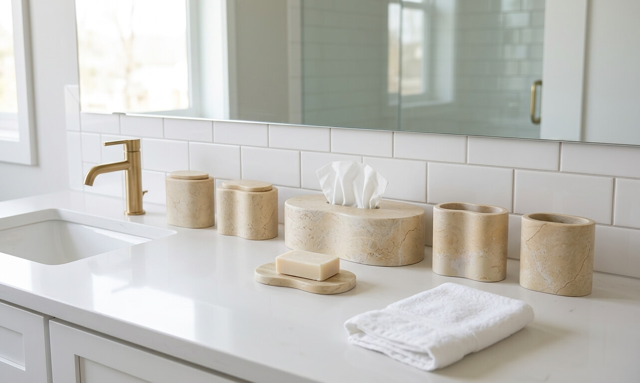 Luxury Hyatt Gold marble organizer collection displayed on a classic white bathroom vanity, showcasing the set's ready-to-use convenience with no complex assembly required, shipped fast from our US warehouse.