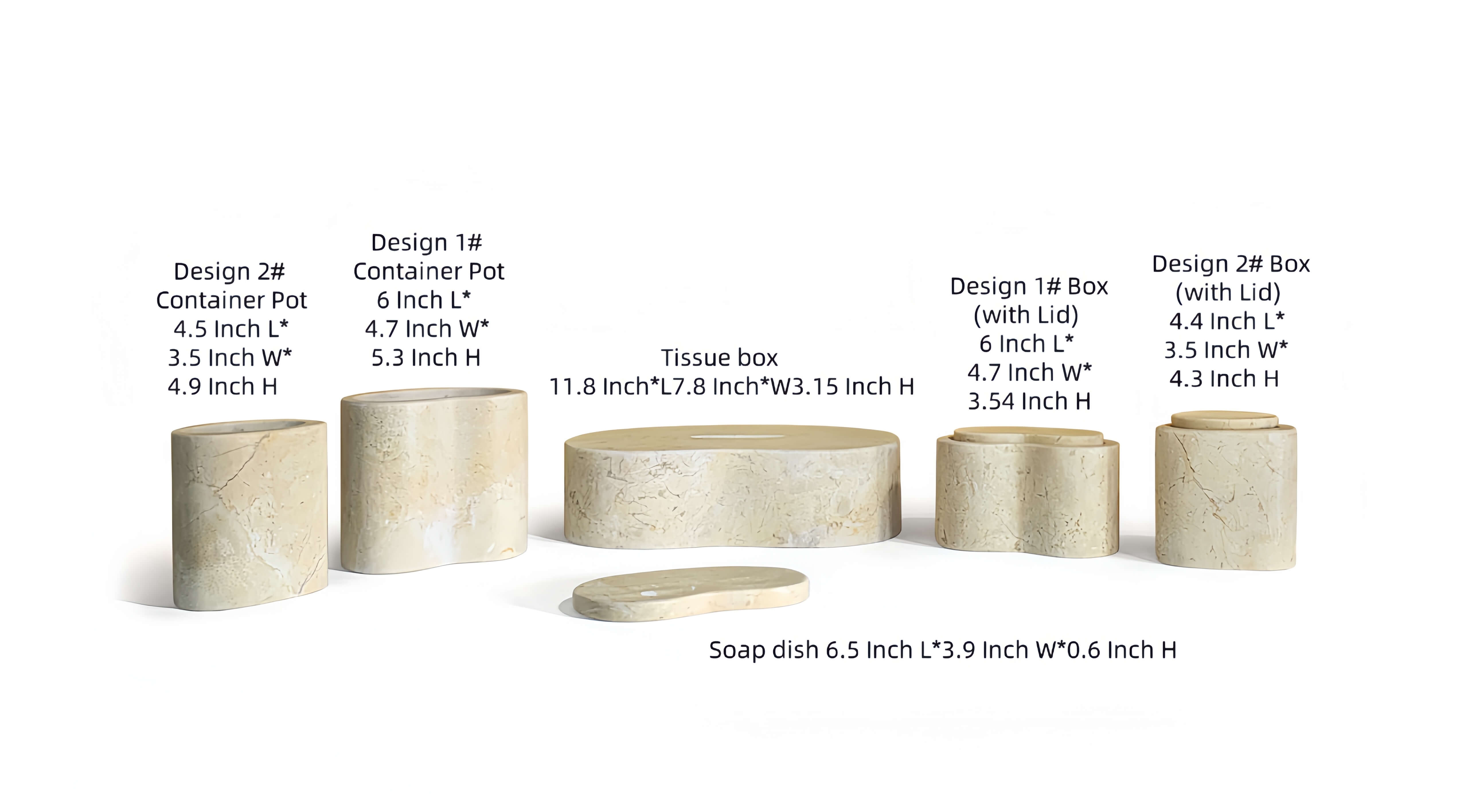 Detailed dimension specifications for the 6-piece Hyatt Gold marble bathroom set, including precise measurements in inches for the tissue box, soap dish, container pots, and lidded boxes to ensure perfect fit for any vanity.