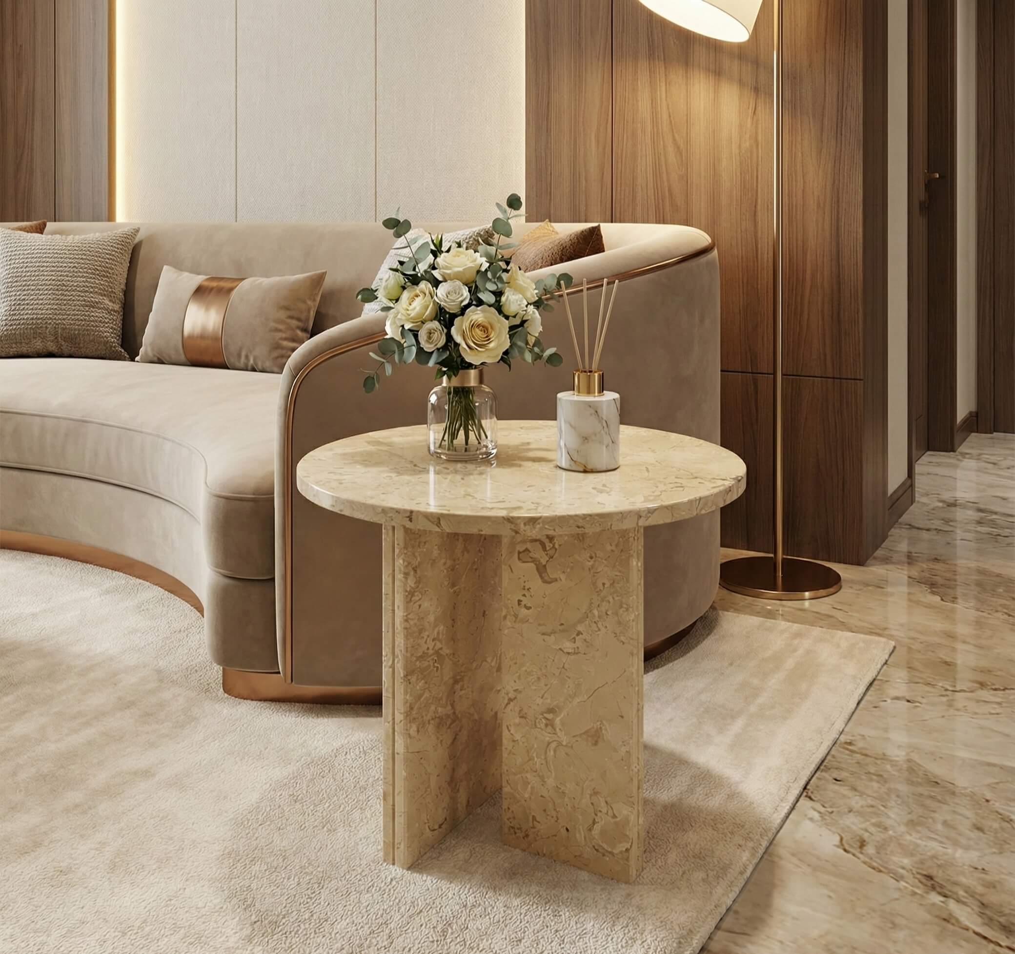 Warm interior design featuring the Luxury Marble Craft Hyatt Gold side table. The unique natural veining of this genuine marble piece perfectly complements contemporary furniture and wood paneling.