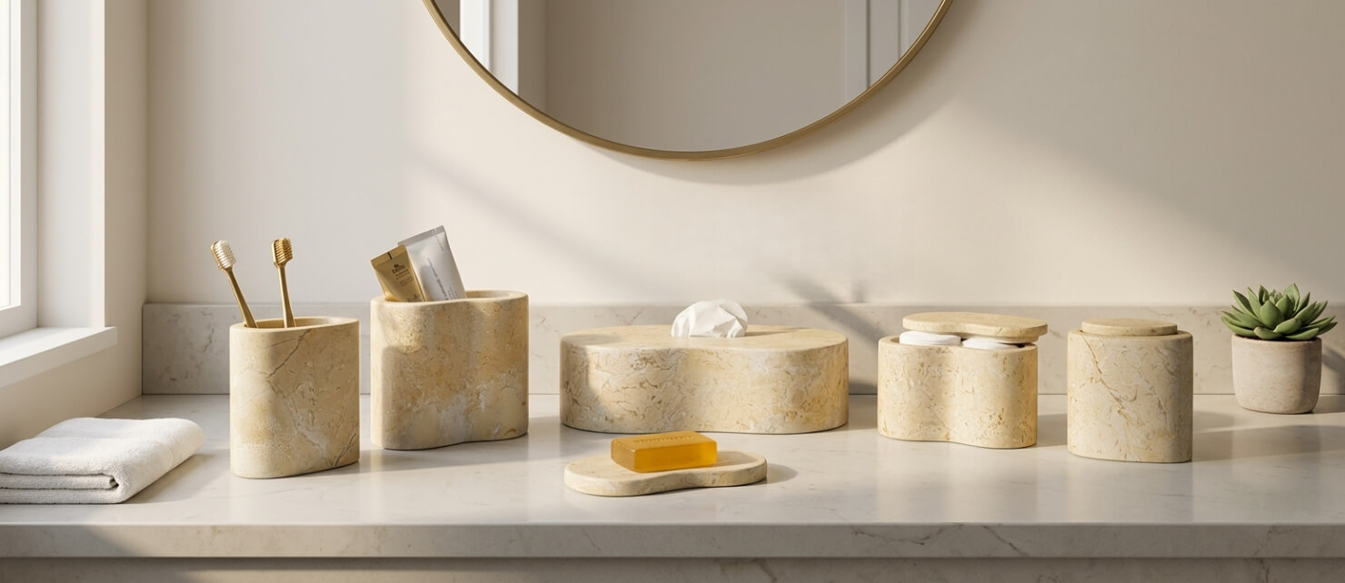 The Hyatt Gold 100% natural marble bathroom accessory set elegantly styled in a warm, sunlit minimalist bathroom, demonstrating how the unique genuine stone effortlessly elevates everyday home decor.