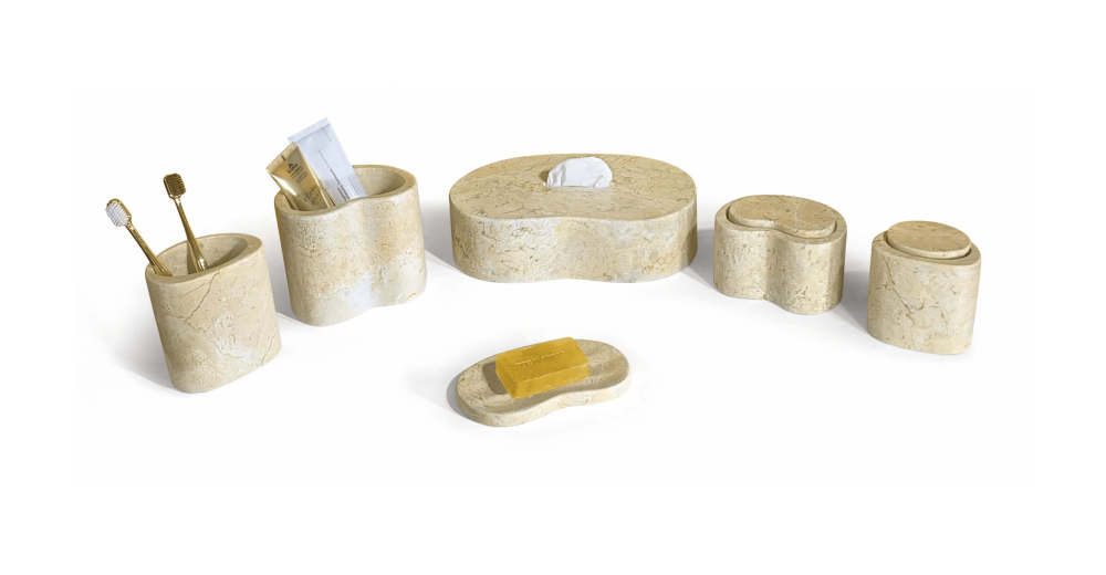 High-end exclusive natural stone bathroom vanity decor set arranged elegantly, highlighting the honed surface exterior and practical storage capabilities. No complex assembly required, ready to use.