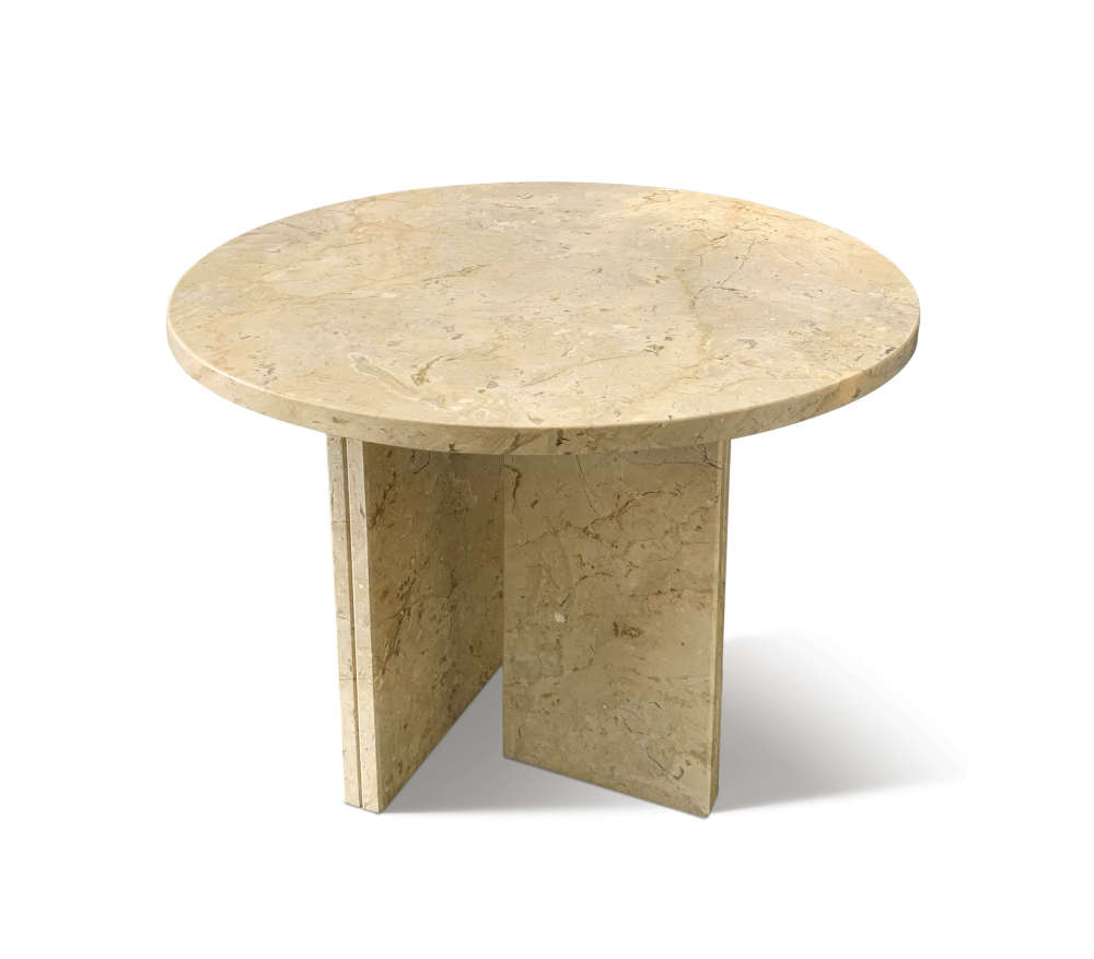 Angled view of the round Hyatt Gold marble side table. Highlights the sturdy natural stone base and easy-to-assemble design perfect for compact living rooms.