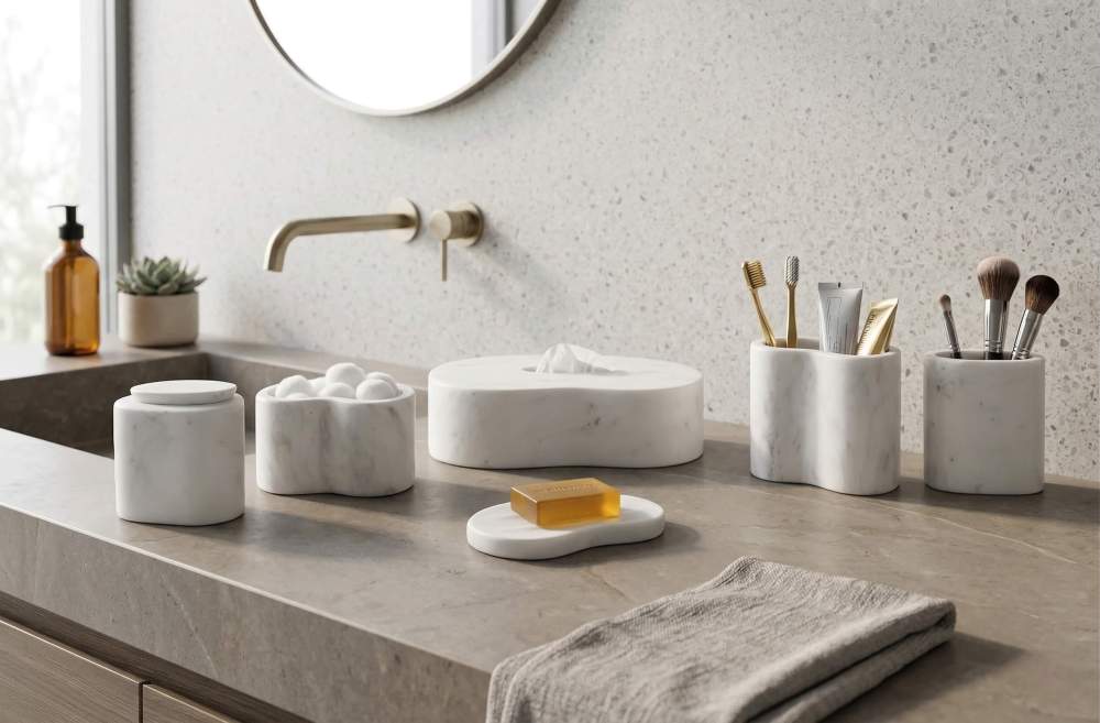 Art Deco inspired glam bathroom decor perfectly matched with the semi-polished Snow Mountain White marble set, elevating the space with timeless luxury.