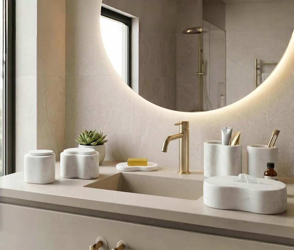 Biophilic bathroom design enhanced by the genuine Snow Mountain White marble accessories set, connecting indoor luxury with 100% natural organic textures.