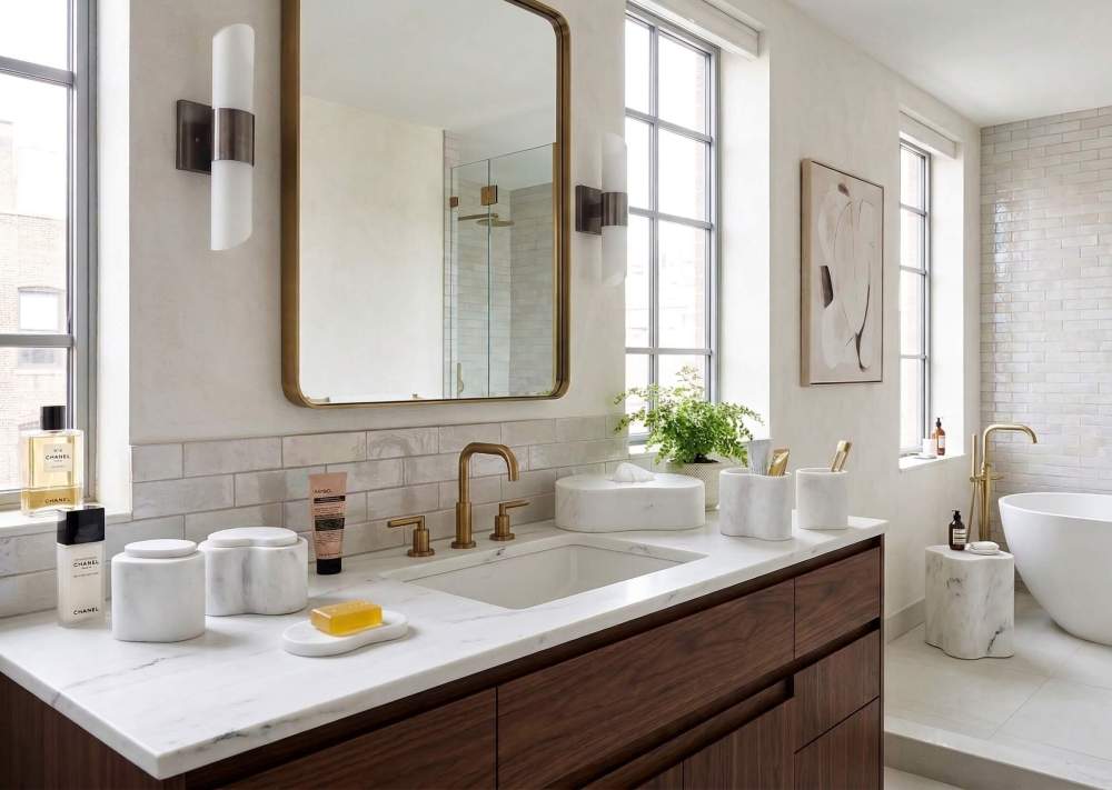 Japandi style bathroom interior featuring the 6-piece Snow Mountain White marble vanity set with a wave soap dish, blending warm minimalist aesthetics with natural stone.