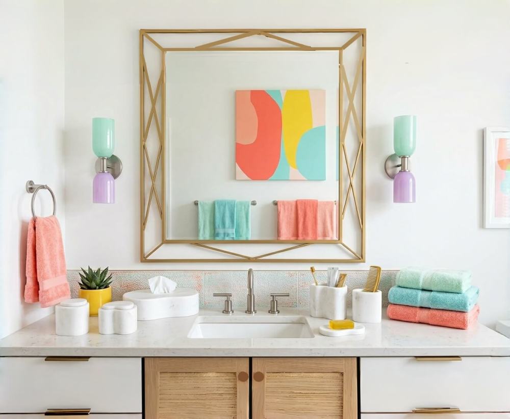 Vibrant and youthful vacation-style bathroom decor featuring the simple yet elegant Snow Mountain White marble 6-piece vanity set, perfectly balancing colorful aesthetics with 100% natural stone.