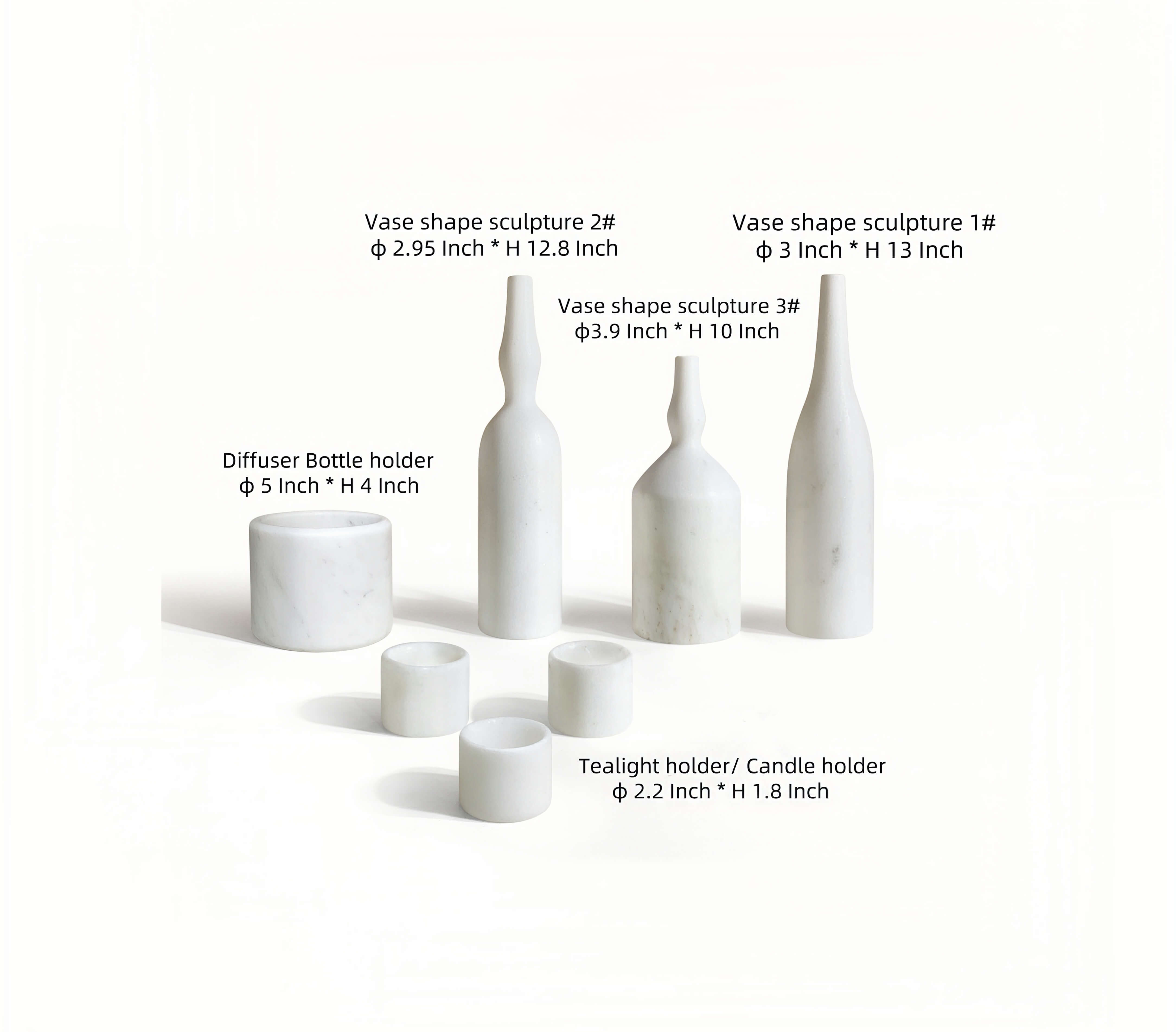 Size and dimensions guide for the 7-piece Snow Mountain White marble decor set. Clear specifications for easy placement in any home or office space.