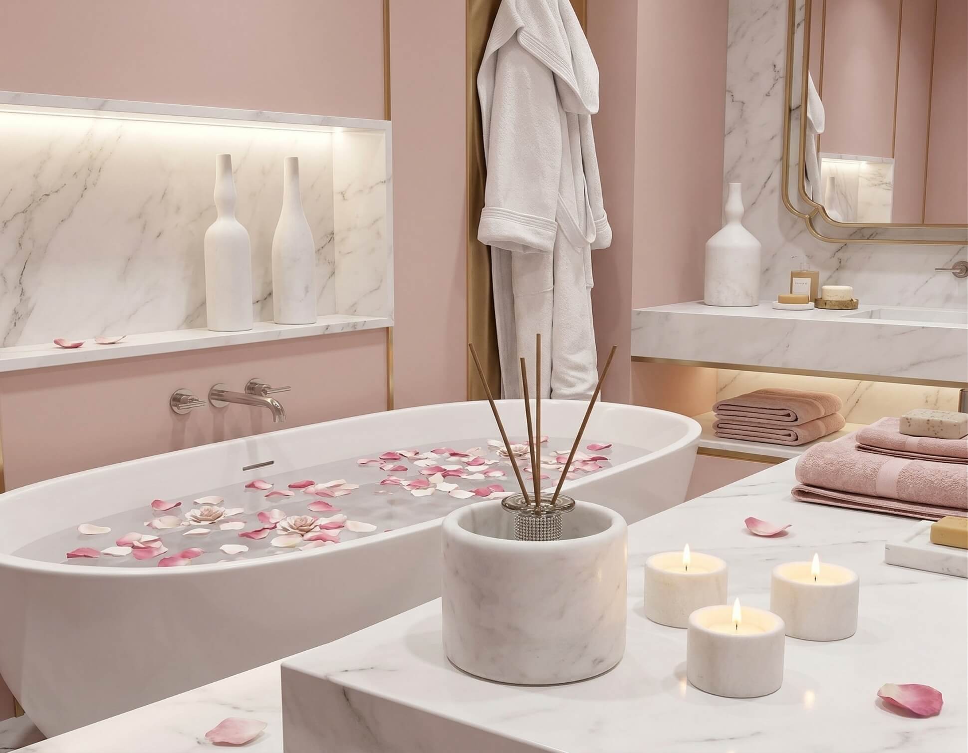 Genuine white marble decor styling a romantic pink bathroom vanity. The natural Snow Mountain White stone adds a touch of earthy luxury to soft, warm color palettes.