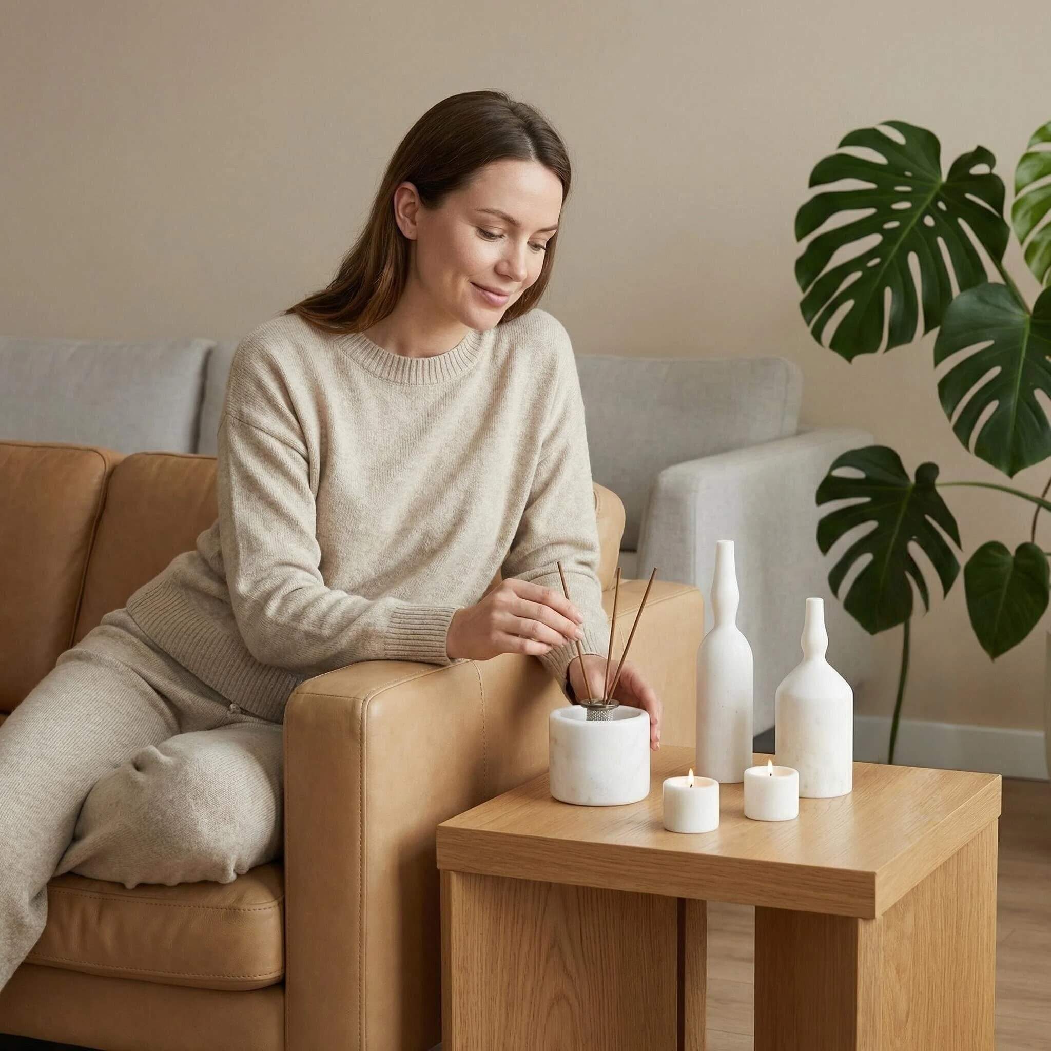Five pieces of the Snow Mountain White marble decor set styled elegantly in a living room, showcasing flexible spatial arrangement.