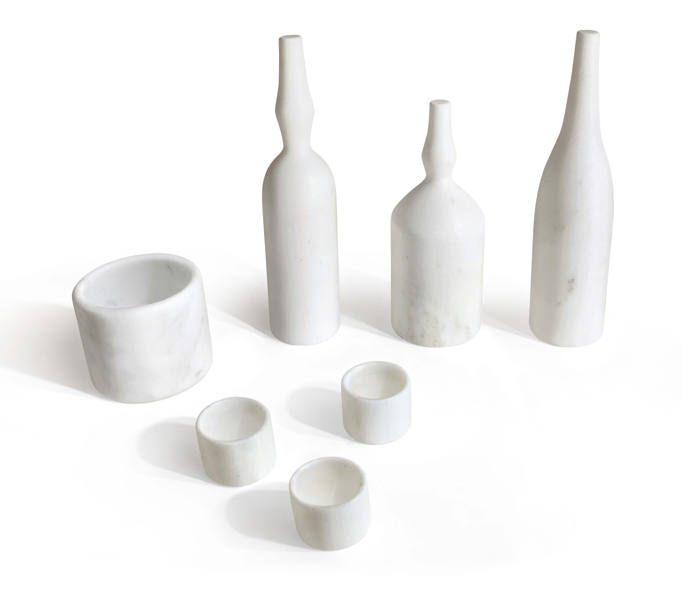 Matte honed white genuine marble living room accessories. Semi-polished finish highlighting natural stone textures. US warehouse in stock.