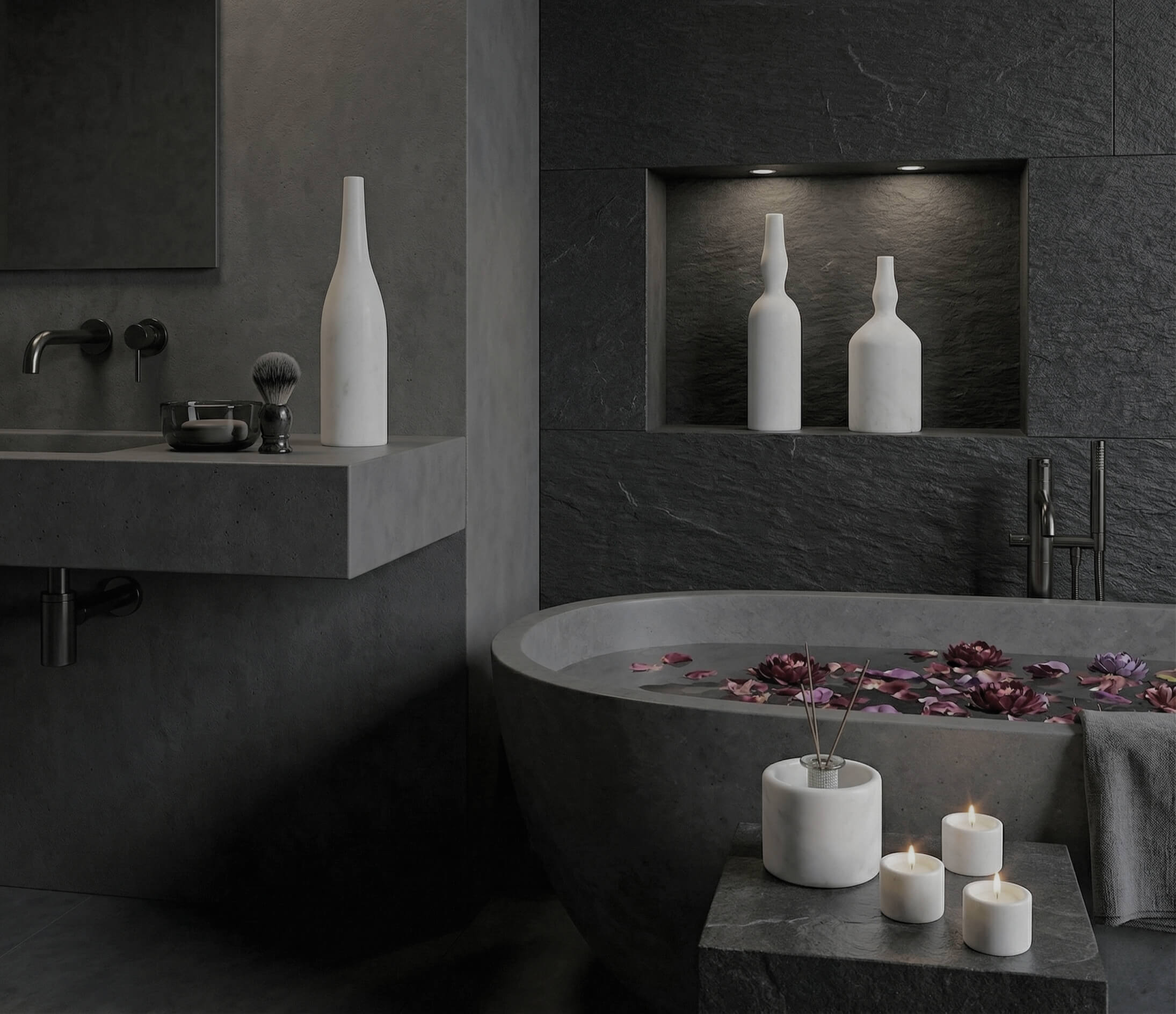 Matte white marble accessories creating a striking contrast in a dark, moody bathroom setting. High-end genuine stone decor for a cool, contemporary, and edgy aesthetic.