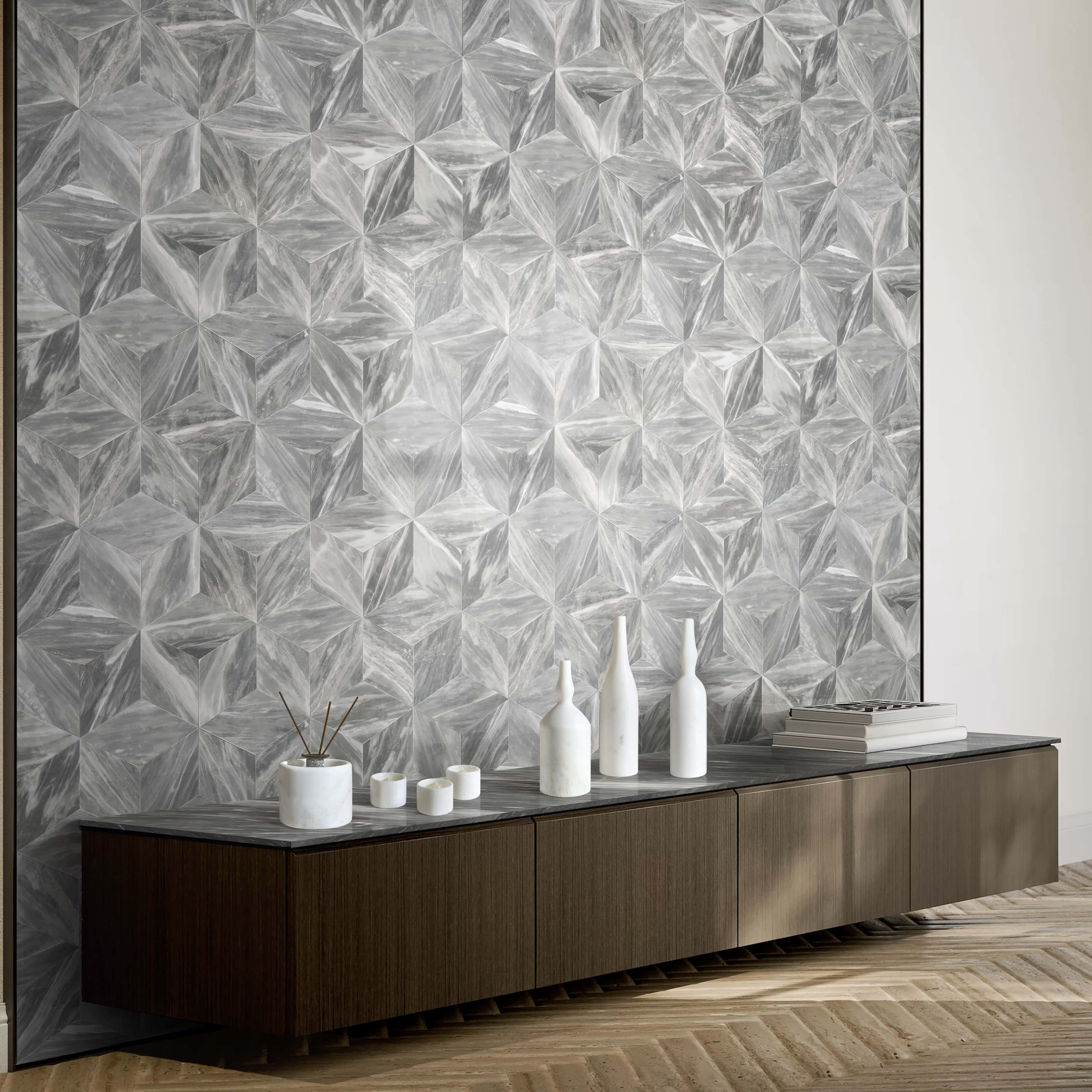 7-piece Snow Mountain White matte marble decor set elegantly styled in a living room, featuring Carrara Gray Hexagon honed finished tiles on the background wall. 100% natural exclusive stone for luxury interiors.