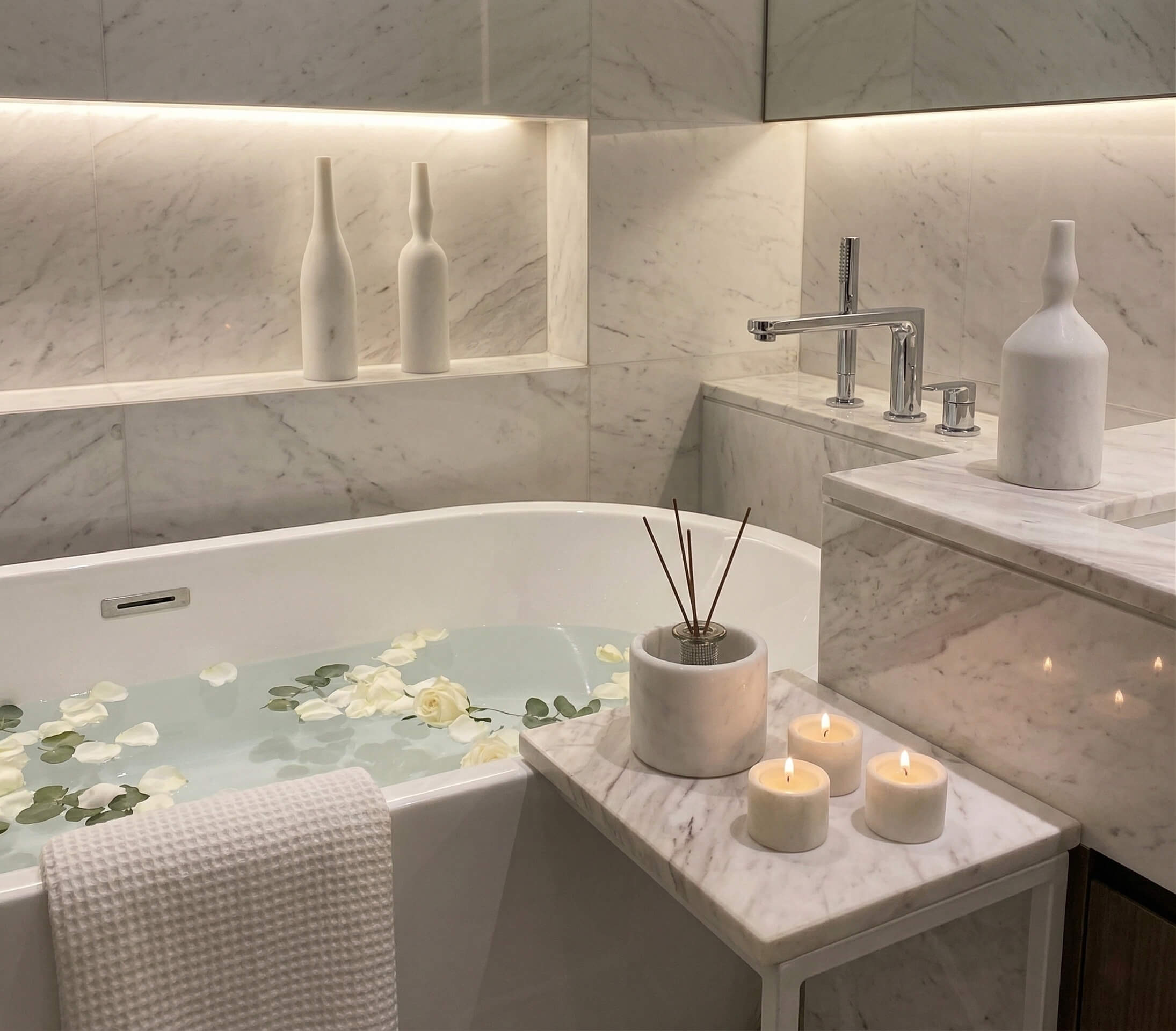 Snow Mountain White marble decor set styled in a classic, minimalist bathroom. The clean lines and pristine natural stone perfectly complement a bright, elegant, and airy space.