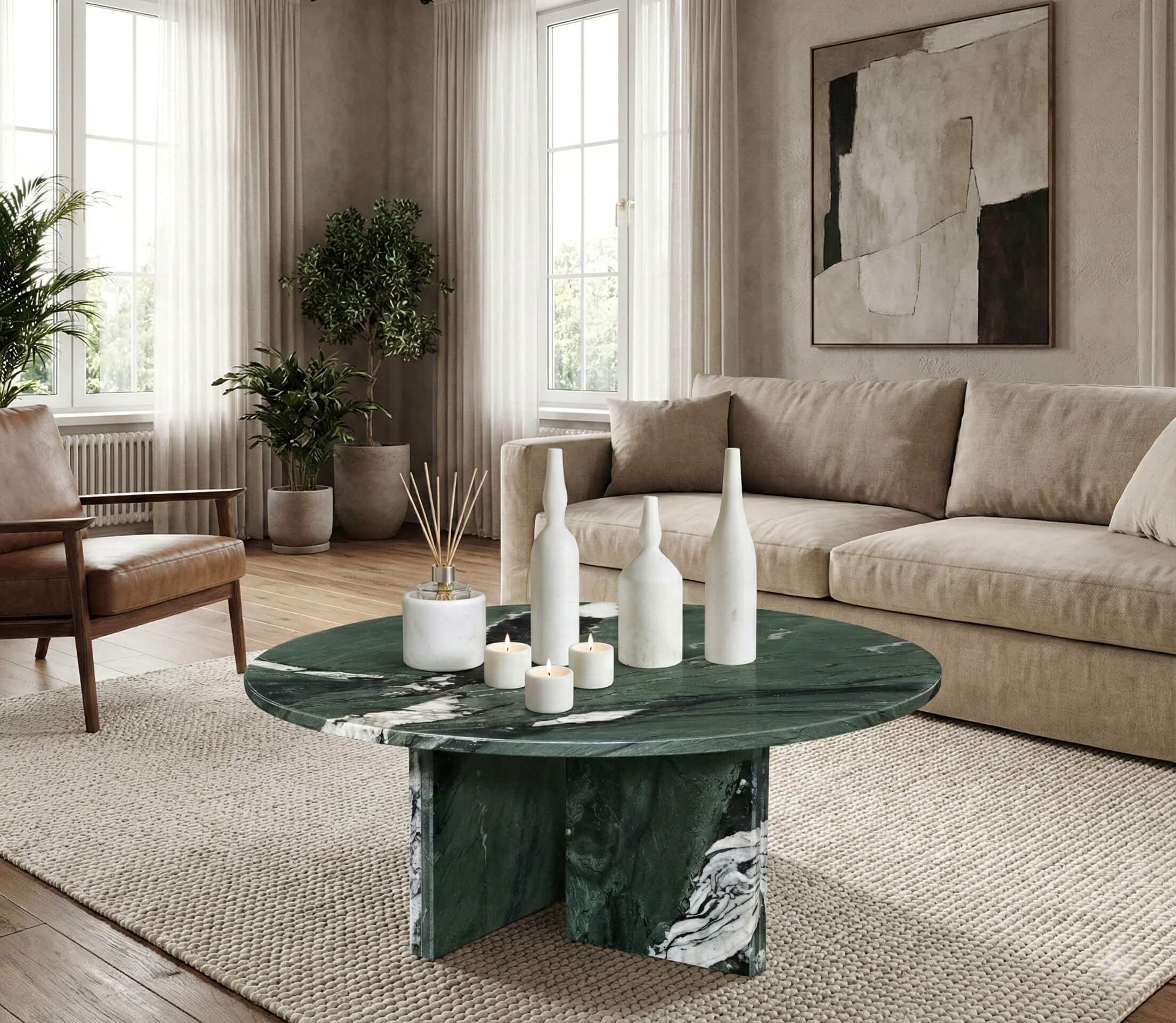 Warm and Cozy Living Room Setting. Snow Mountain White matte marble accessories beautifully displayed on a 70cm Diamond Green marble coffee table.