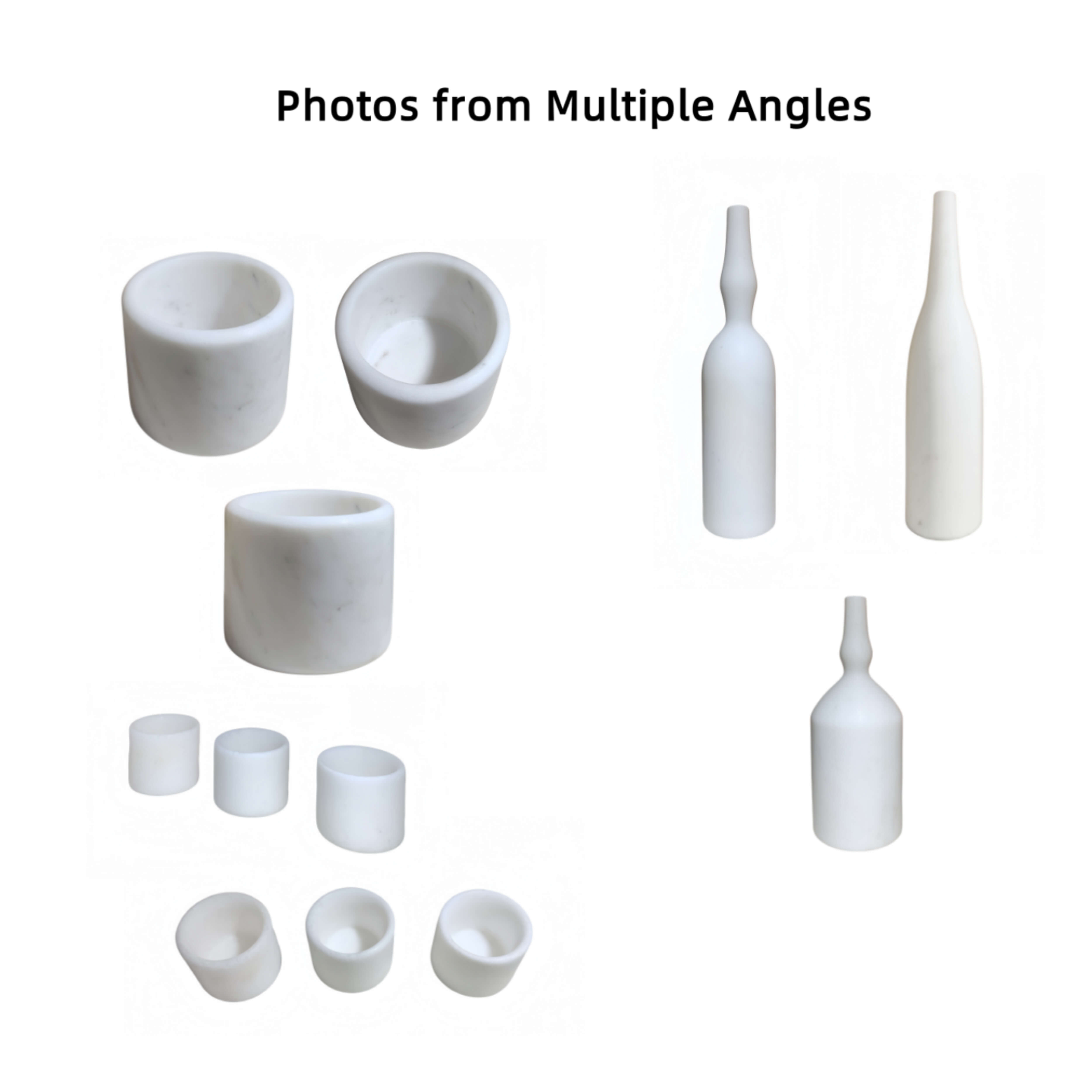 Multiple view angles of the Snow Mountain White marble decor set, showcasing the timeless appeal and semi-polished matte touch of genuine exclusive stone.