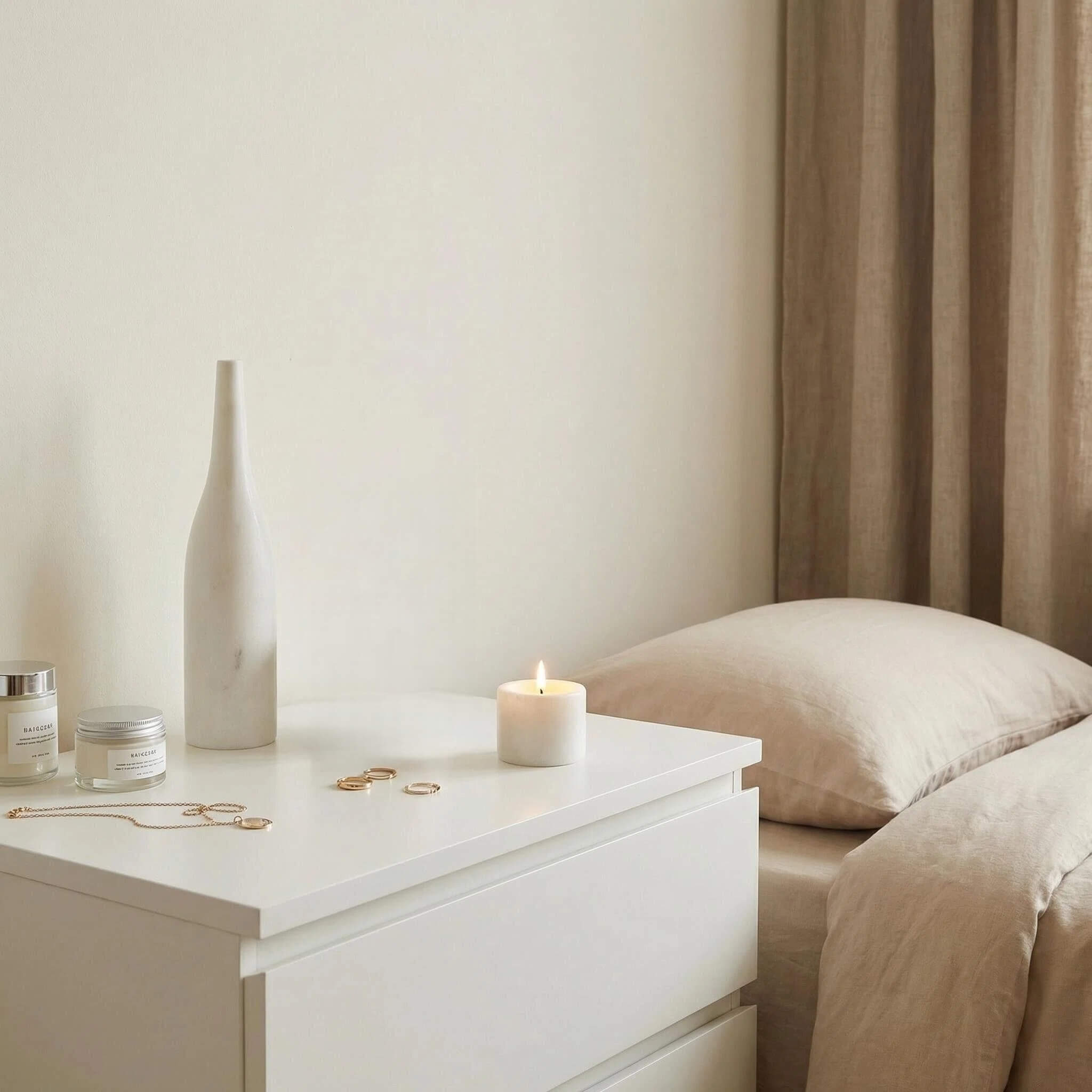 Two pieces from the marble decor collection placed on a bedroom nightstand, adding a touch of natural serenity to the sleeping space.