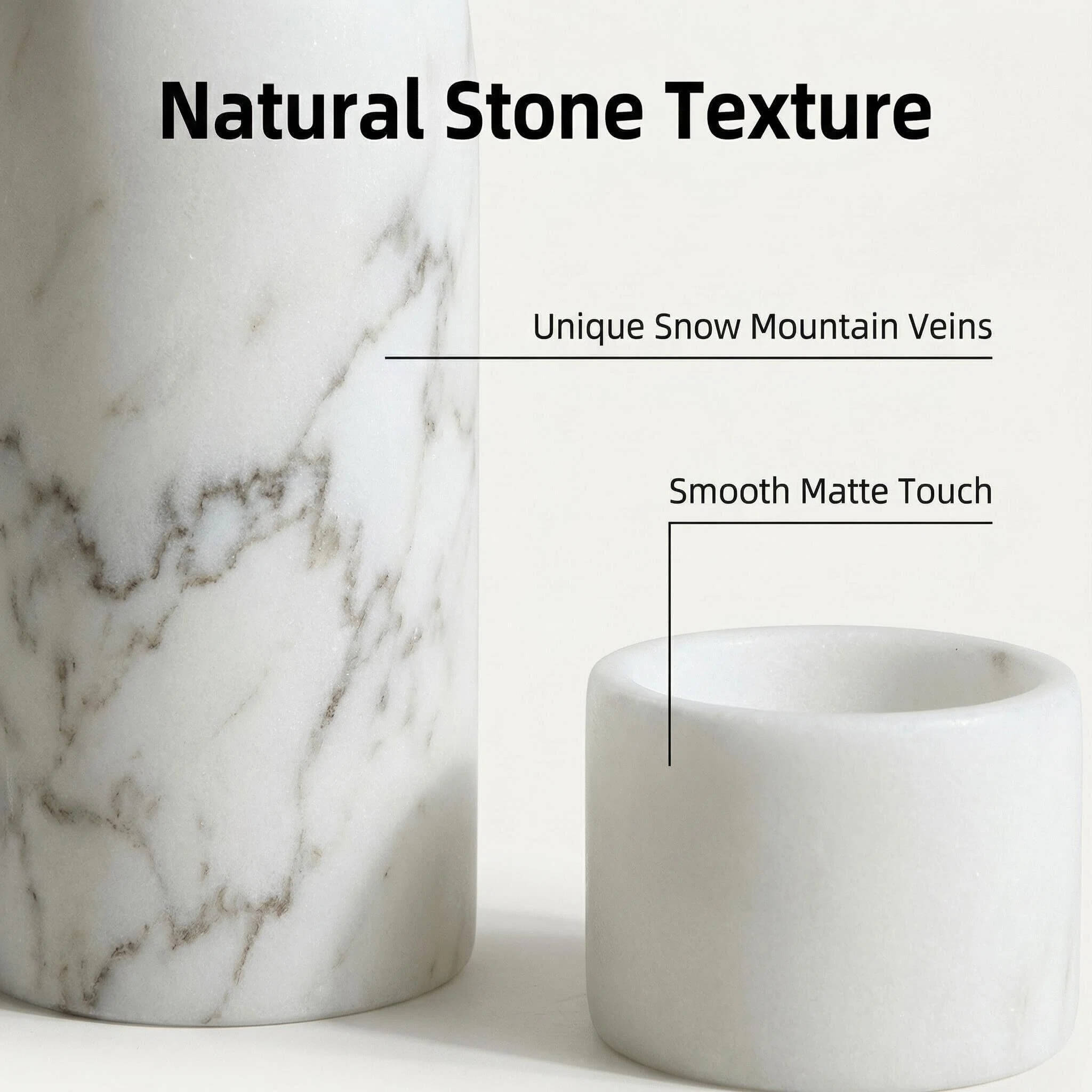 Close-up texture of unique Snow Mountain veining on natural white marble. No two pieces are exactly alike, offering a truly distinctive addition to any room.