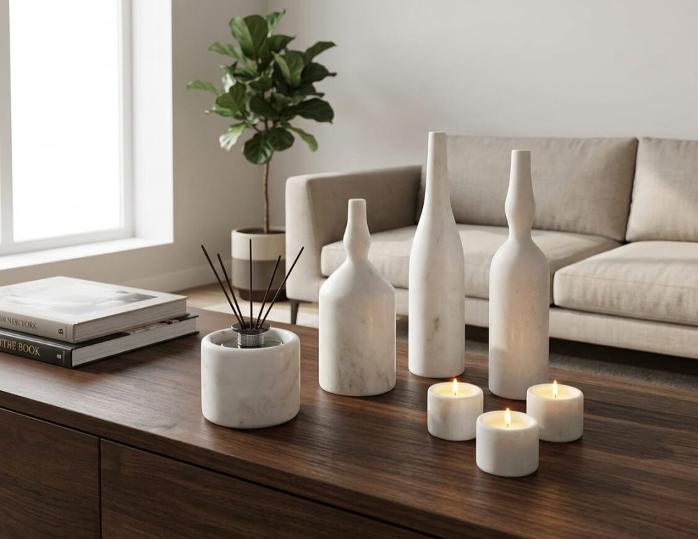 Complete 7-piece genuine white marble decor collection styling a modern space. Shipped securely from our US warehouse with damage-proof packaging.