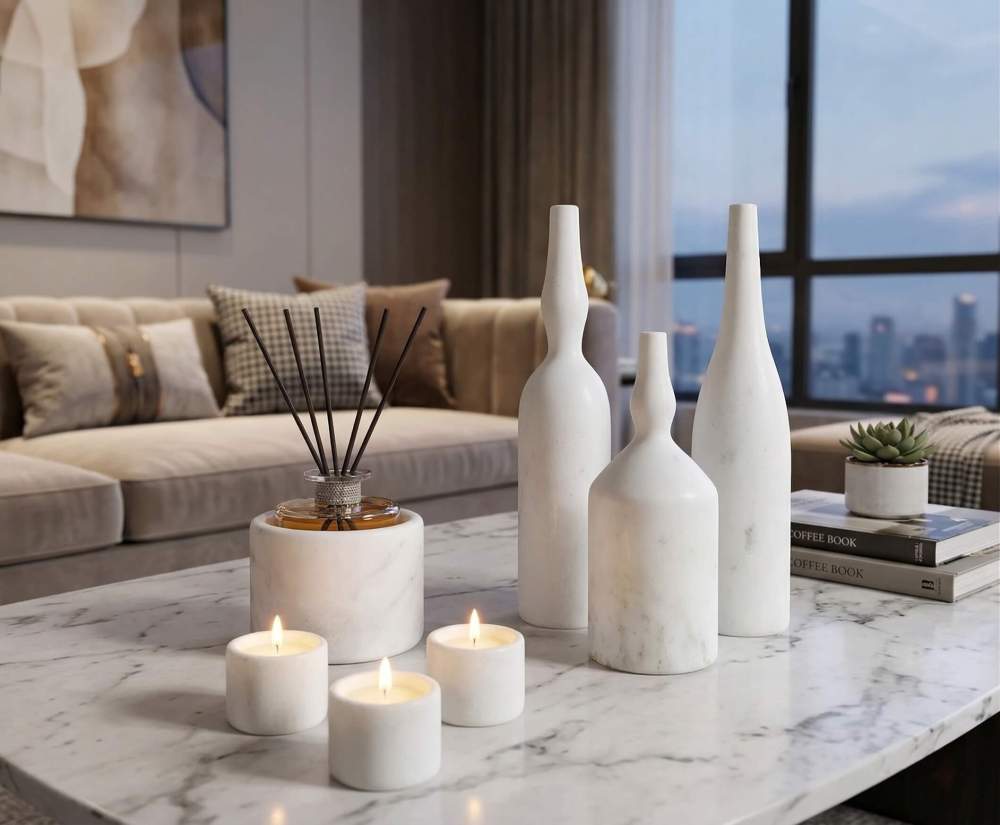 Exclusive natural marble home decor accents arranged elegantly, highlighting the unique veining of the Snow Mountain White stone. No two sets are exactly alike.