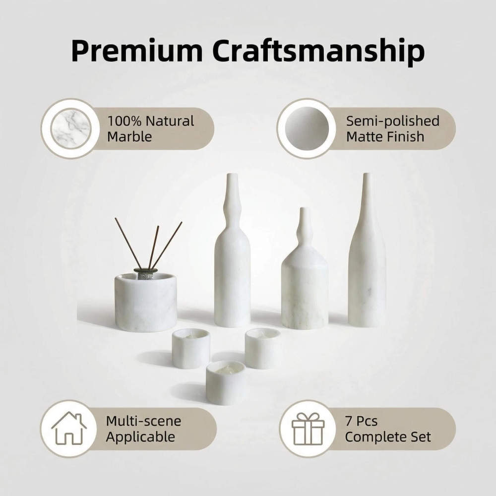 Craftsmanship details of the genuine marble decor. Highlighting the 100% natural exclusive stone, semi-polished matte finish, and multi-scene applicability.
