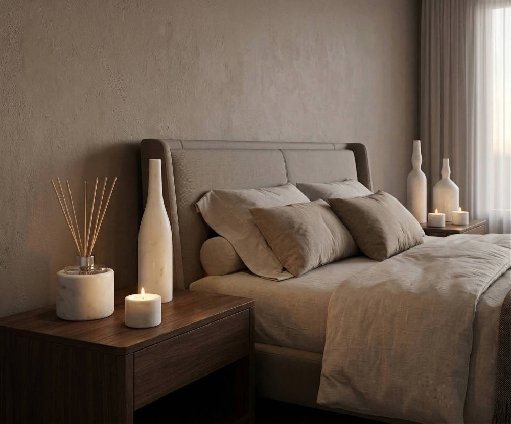 Genuine white marble accessories beautifully displayed on a bedroom nightstand. This 100% exclusive stone adds a calming, timeless elegance to your master bedroom decor.