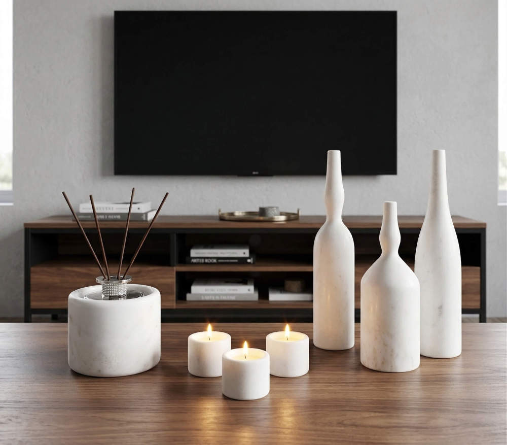 Luxury natural white marble accessories beautifully displayed as home accents. 100% exclusive stone adding timeless elegance to any interior space.