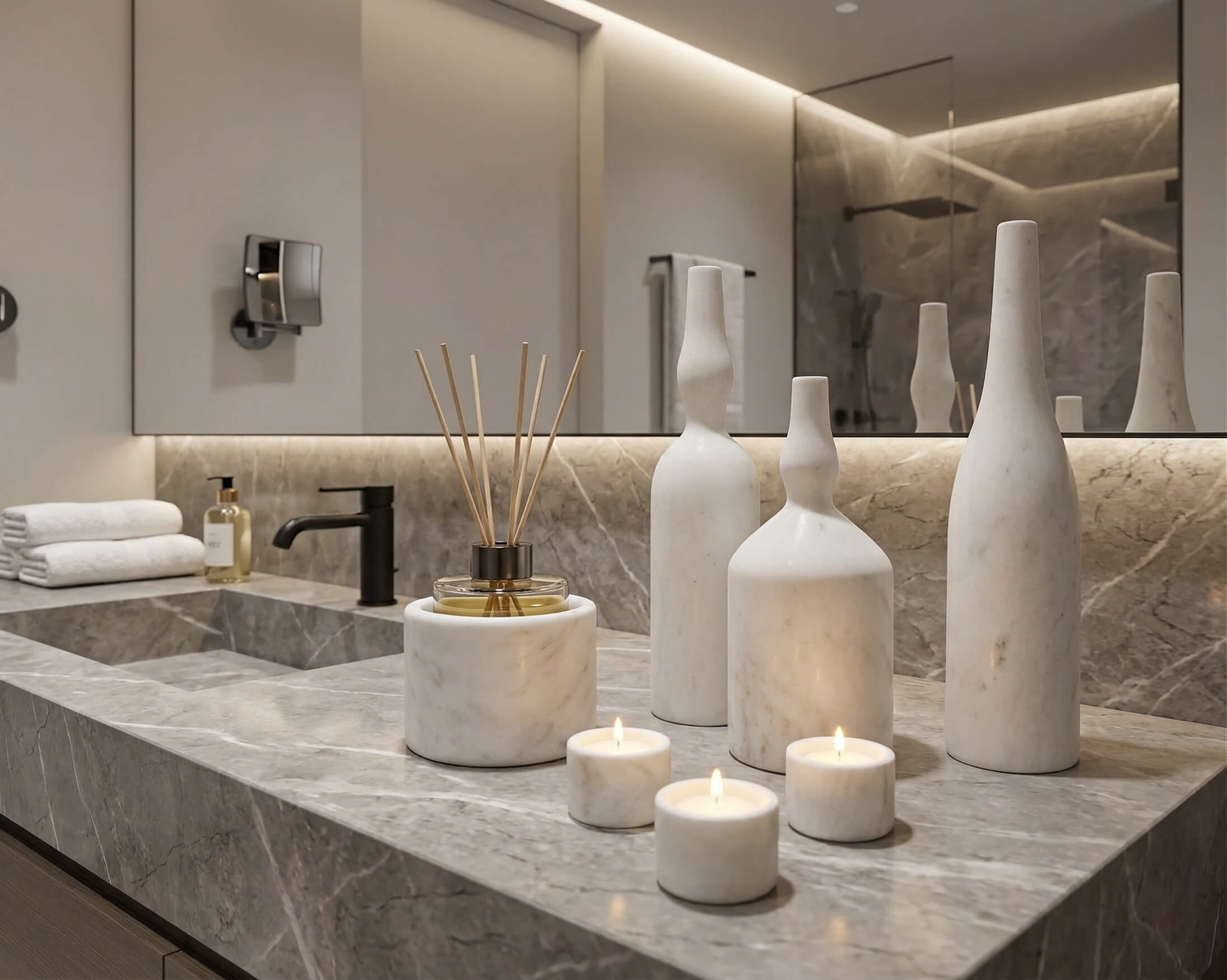 Snow Mountain White matte marble accessories enhancing a modern minimalist bathroom vanity. Water-resistant and easy to maintain.