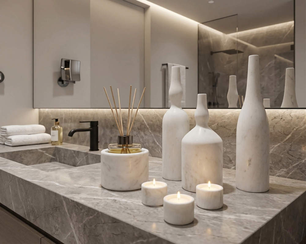 Snow Mountain White matte marble accessories enhancing a modern minimalist bathroom vanity. Water-resistant and easy to maintain.