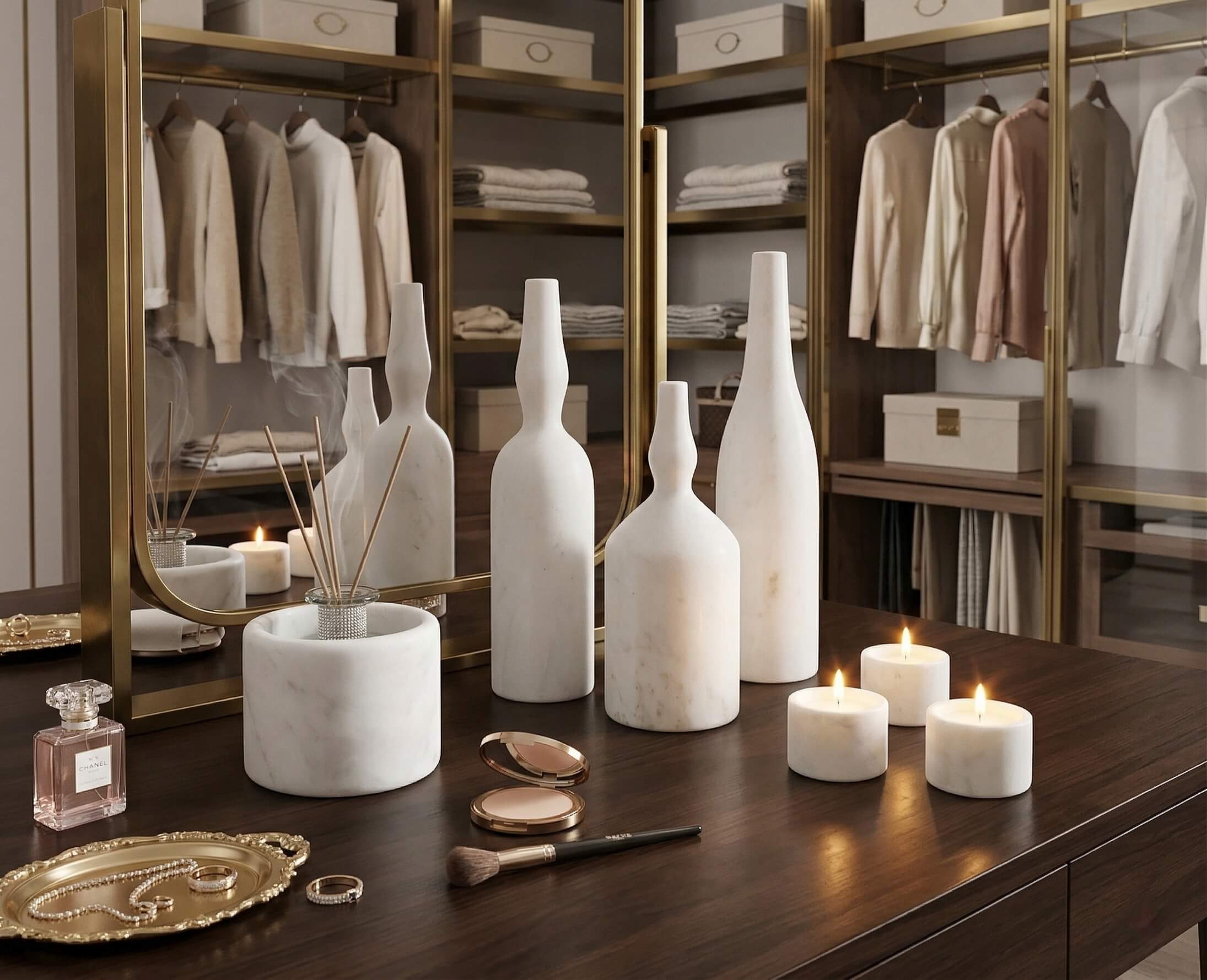 Matte white marble tealight candle holders and reed diffuser bottle holder arranged on a table. Easy to set up and arrange for an elevated room atmosphere.
