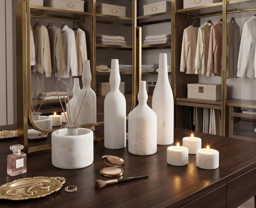 Matte white marble tealight candle holders and reed diffuser bottle holder arranged on a table. Easy to set up and arrange for an elevated room atmosphere.