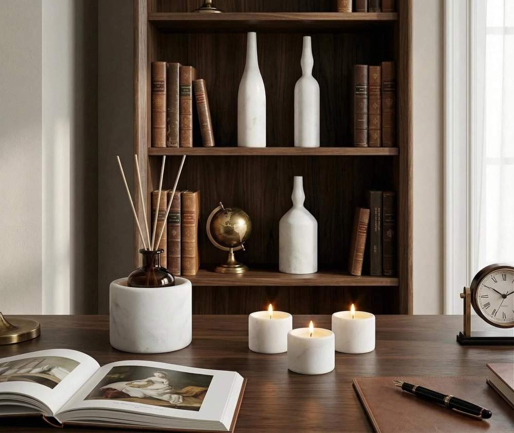 Lifestyle setting of the 7-piece Snow Mountain White marble decor set in a classic home office. Featuring a semi-polished matte finish and unique natural veining.