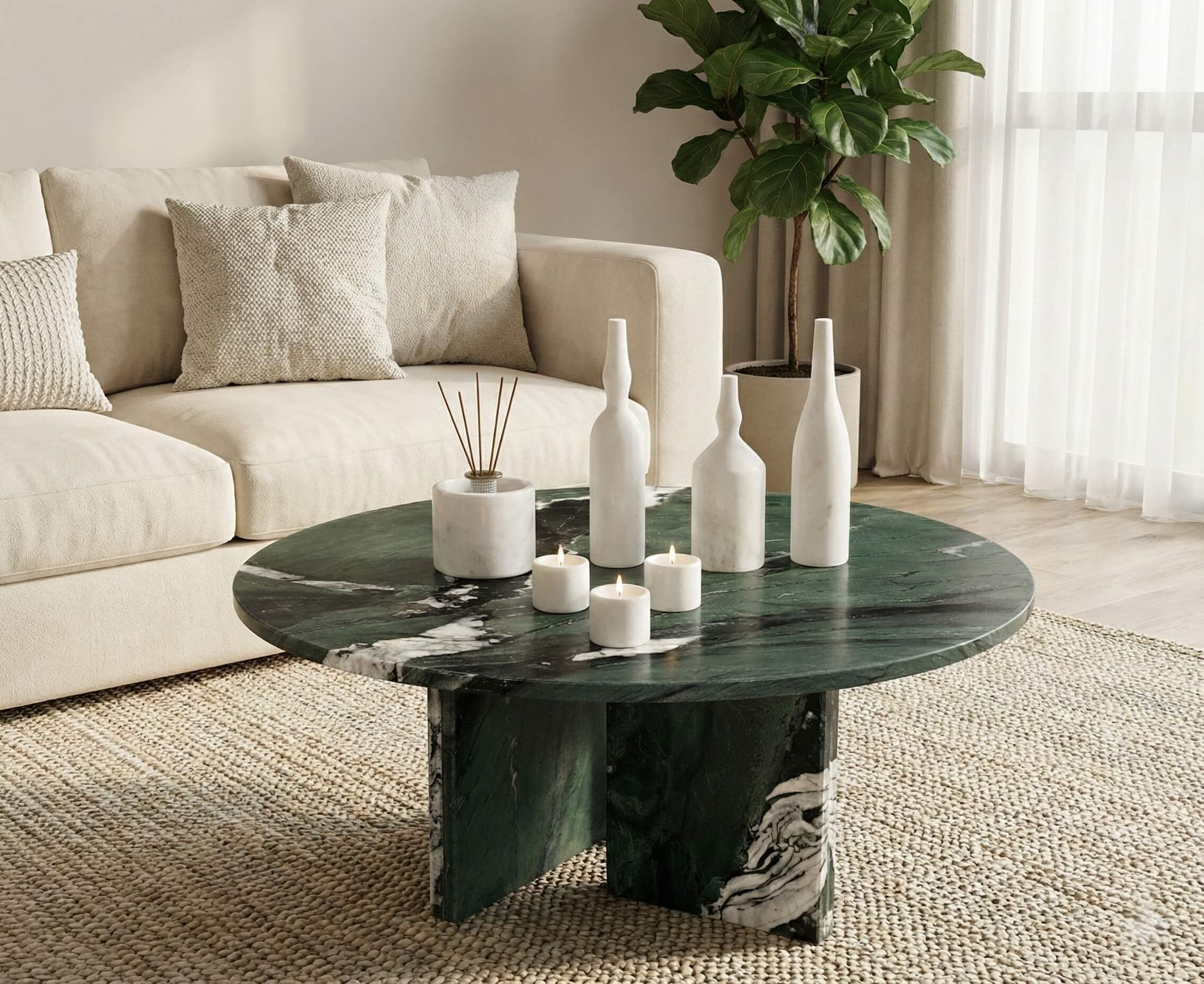 Snow Mountain White matte marble accessories beautifully displayed on a 70cm Diamond Green marble coffee table. Easy to assemble and protected by secure damage-proof packaging.