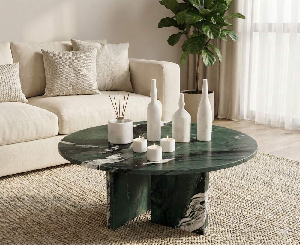 Snow Mountain White matte marble accessories beautifully displayed on a 70cm Diamond Green marble coffee table. Easy to assemble and protected by secure damage-proof packaging.