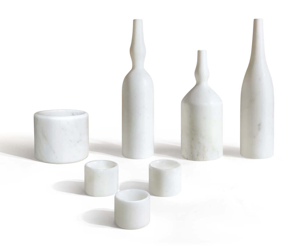 Luxury 7-piece Snow Mountain White natural marble home decor set. 100% natural exclusive stone with unique veining, including diffuser holder and sculptural vases.