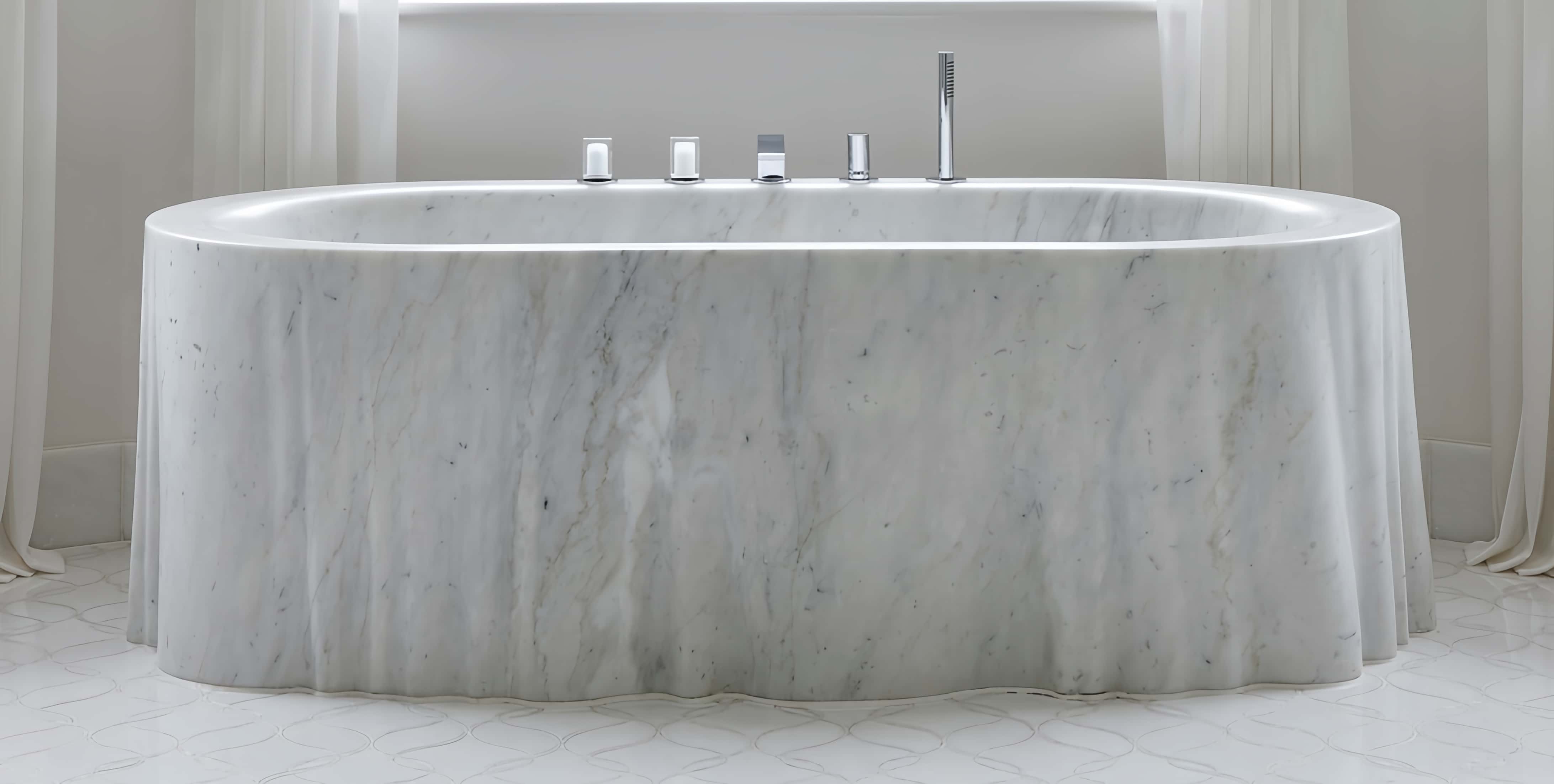 Bespoke luxury natural marble bathtub, custom large-scale stone carving by Luxury Marble Craft.